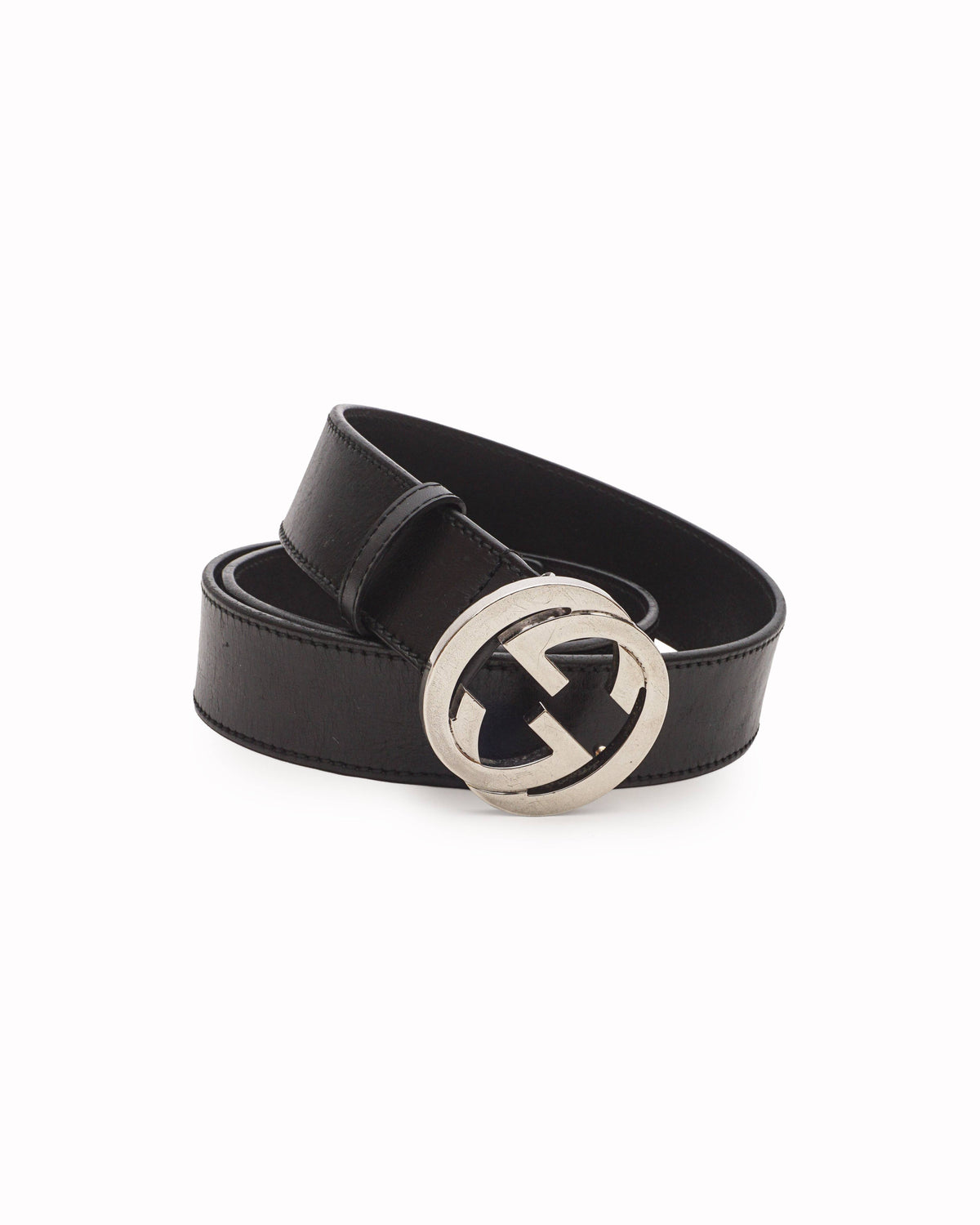Gucci Interlocking G Silver Buckle Leather Belt