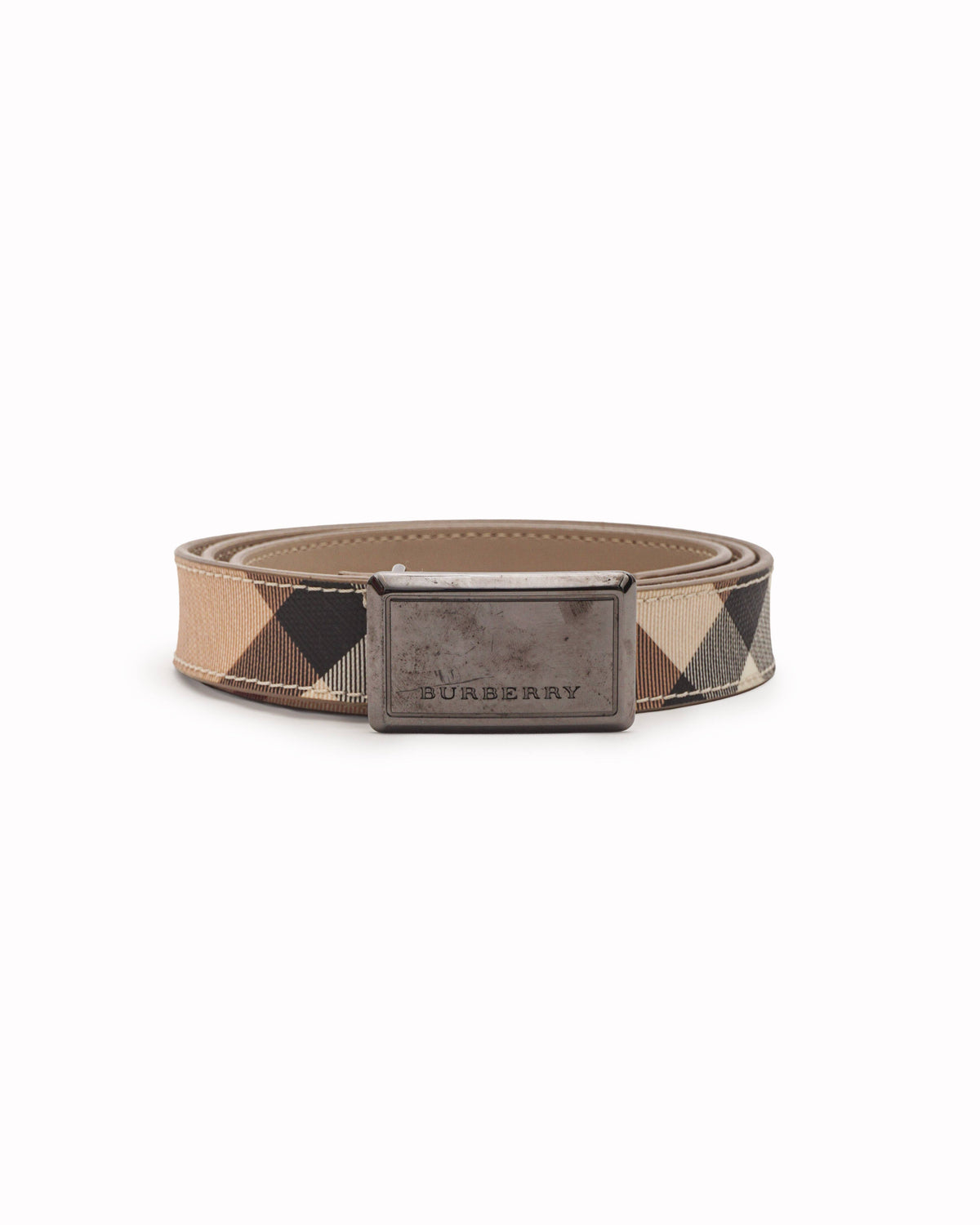 Burberry Check Coated-Canvas Plaque Buckle Belt