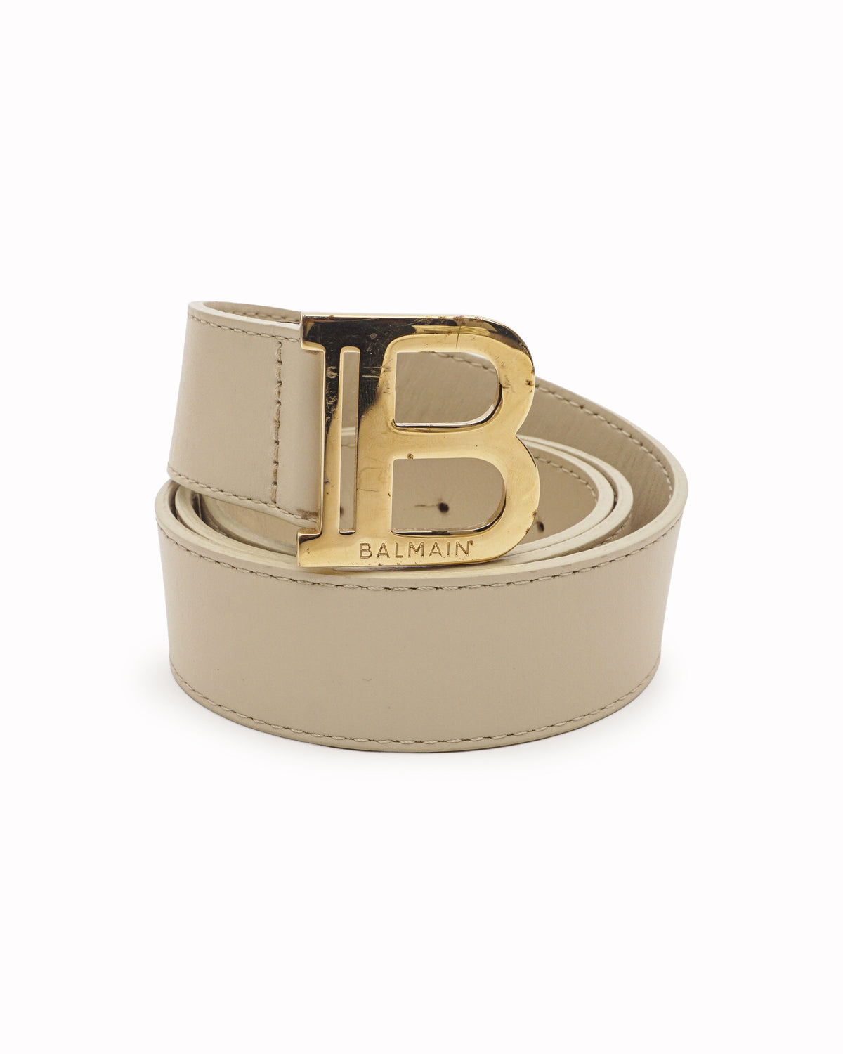 Balmain Off-White Leather Gold B-Buckle Belt