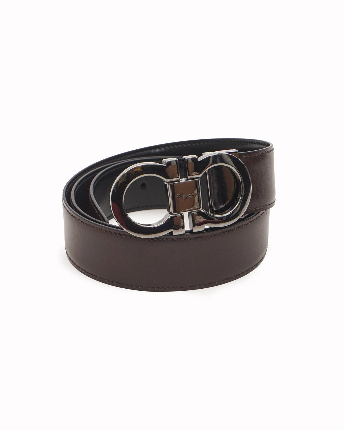 Salvatore Ferragamo Brown/Black Leather Gunmetal Gancini Reversible Belt