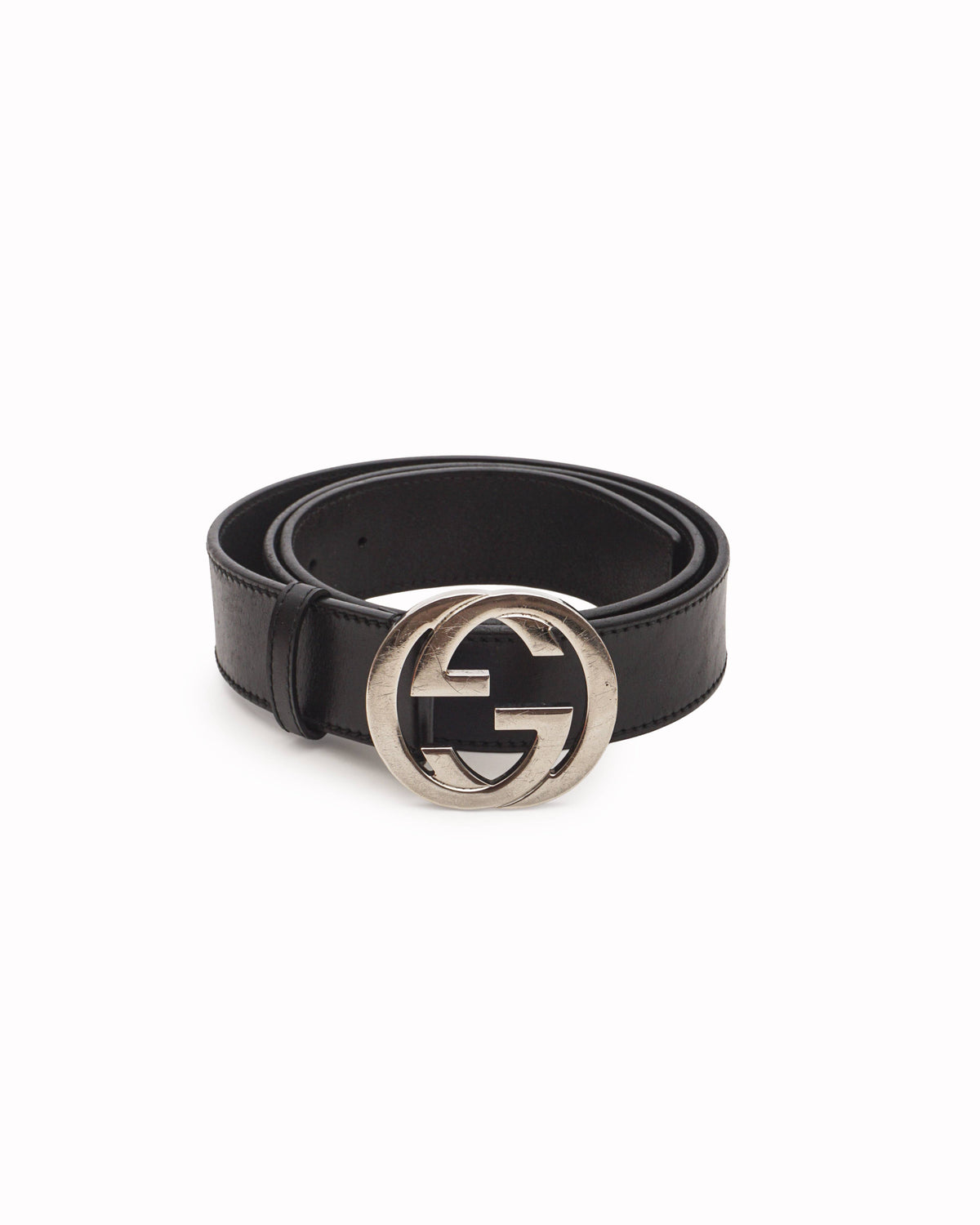Gucci Interlocking G Silver Buckle Leather Belt