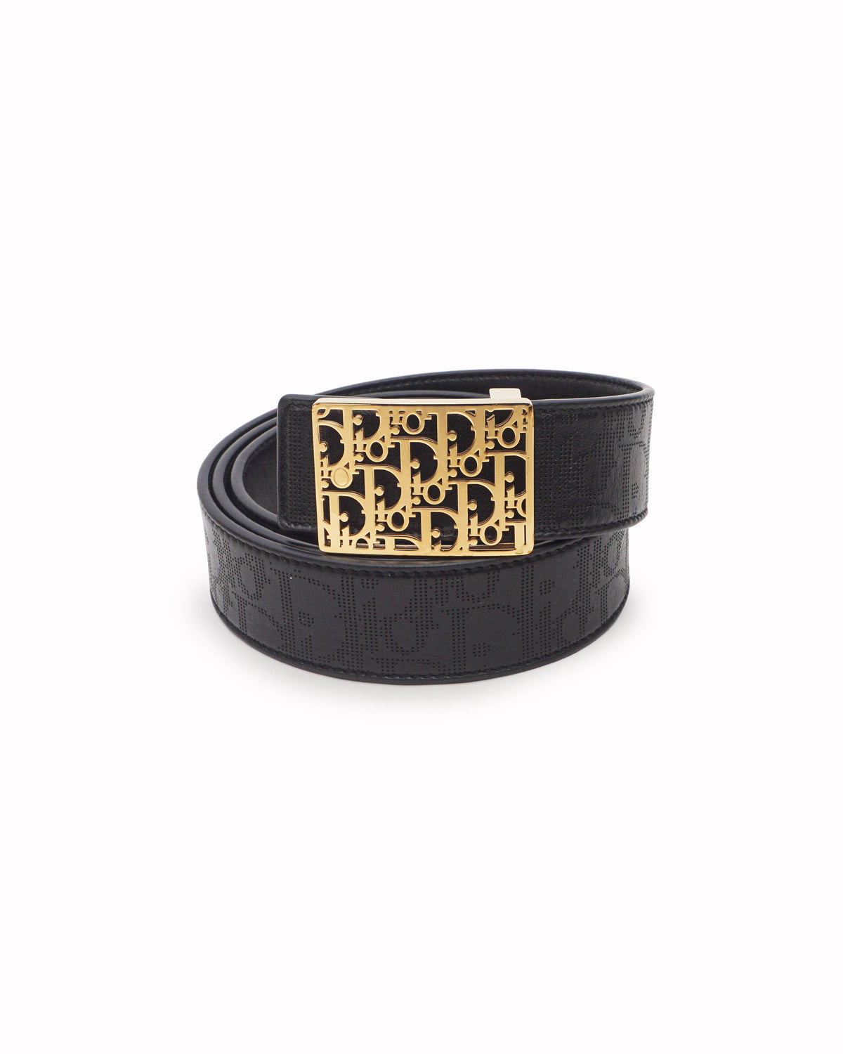 Christian Dior Black Oblique Leather Gold Monogram Plaque Buckle Belt