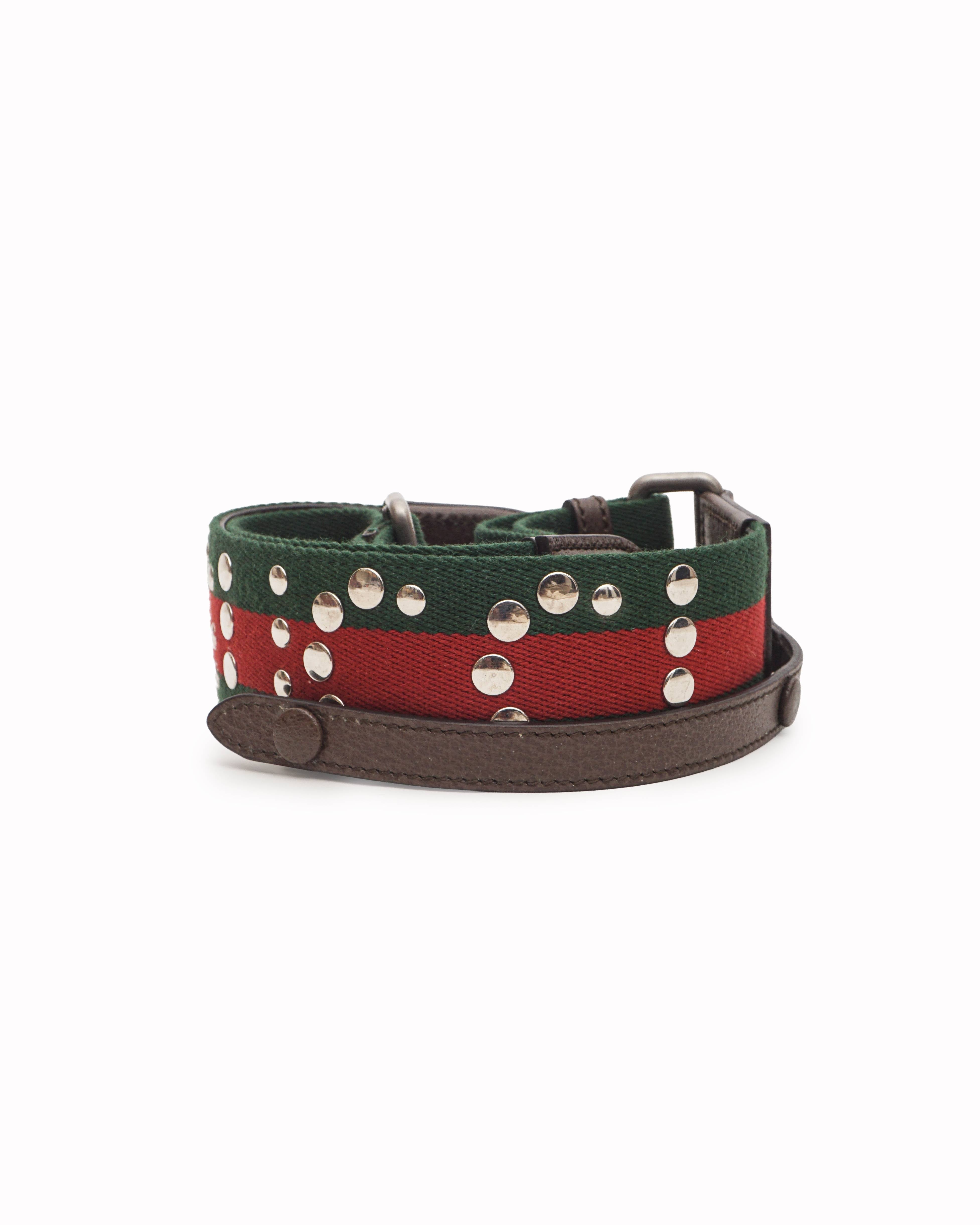 Gucci Web Stripe Green & Red Studded Logo Bag Strap