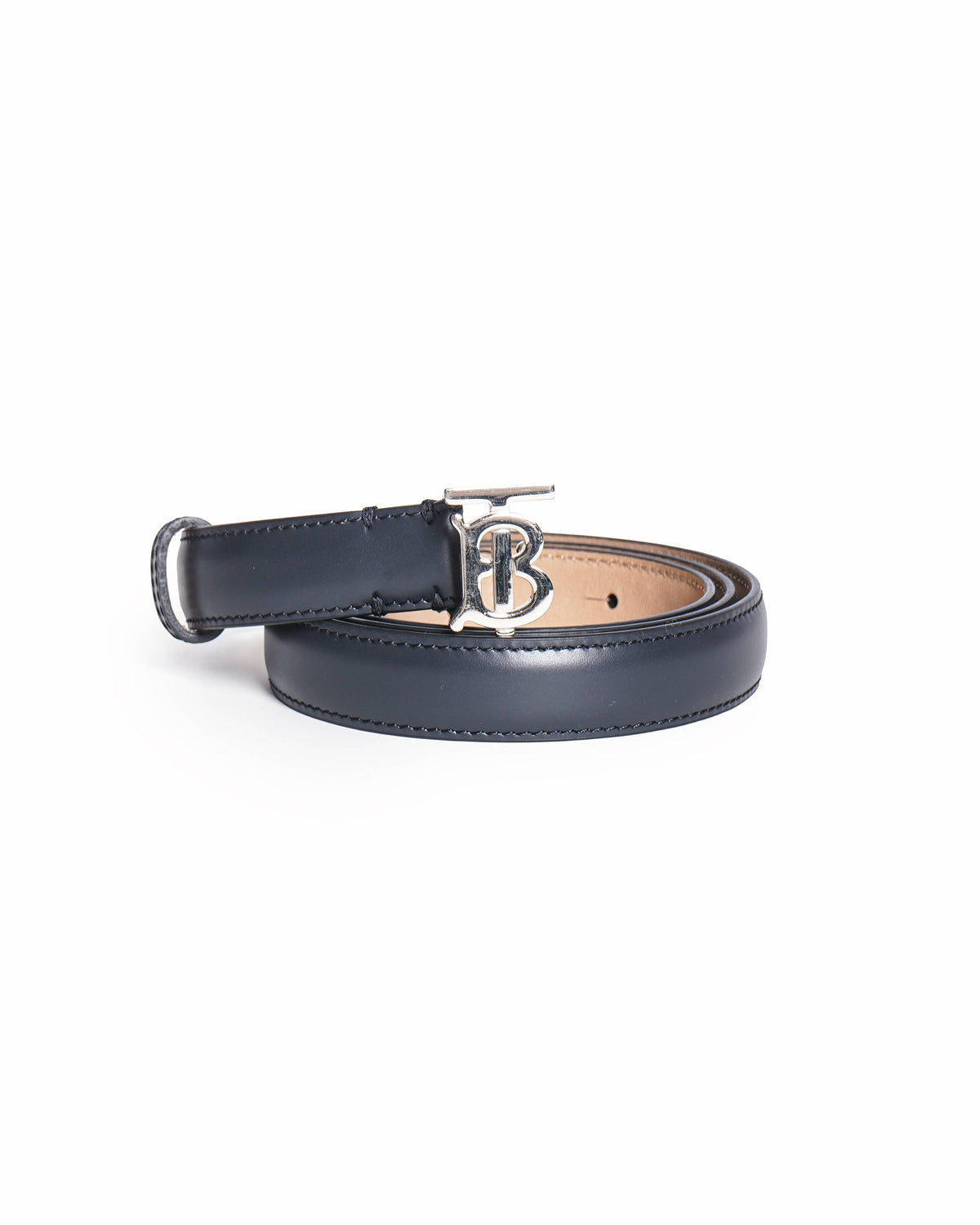 Burberry Black Leather Silver TB Monogram Belt