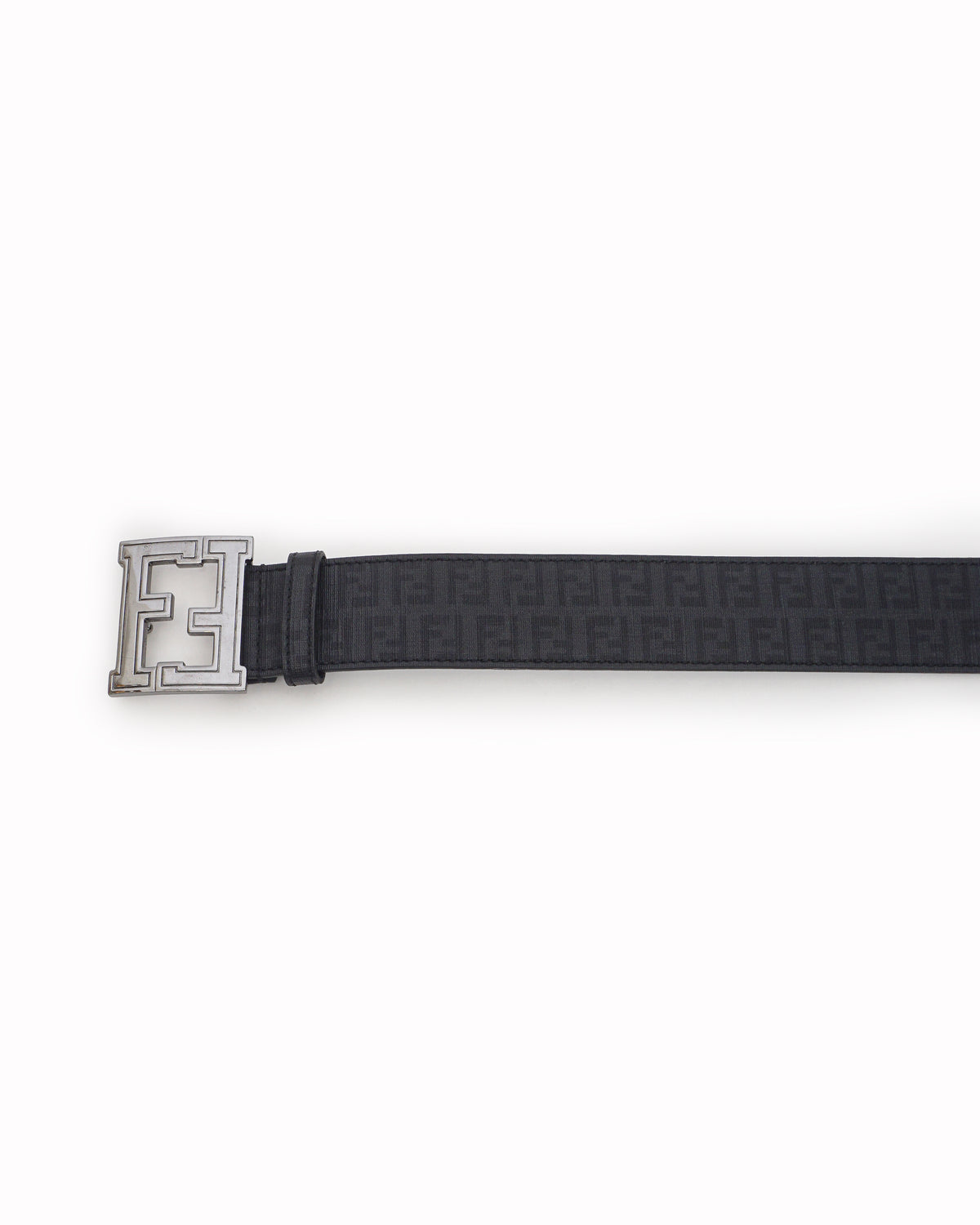 Fendi Black FF Monogram Textured Leather Silver Buckle Belt