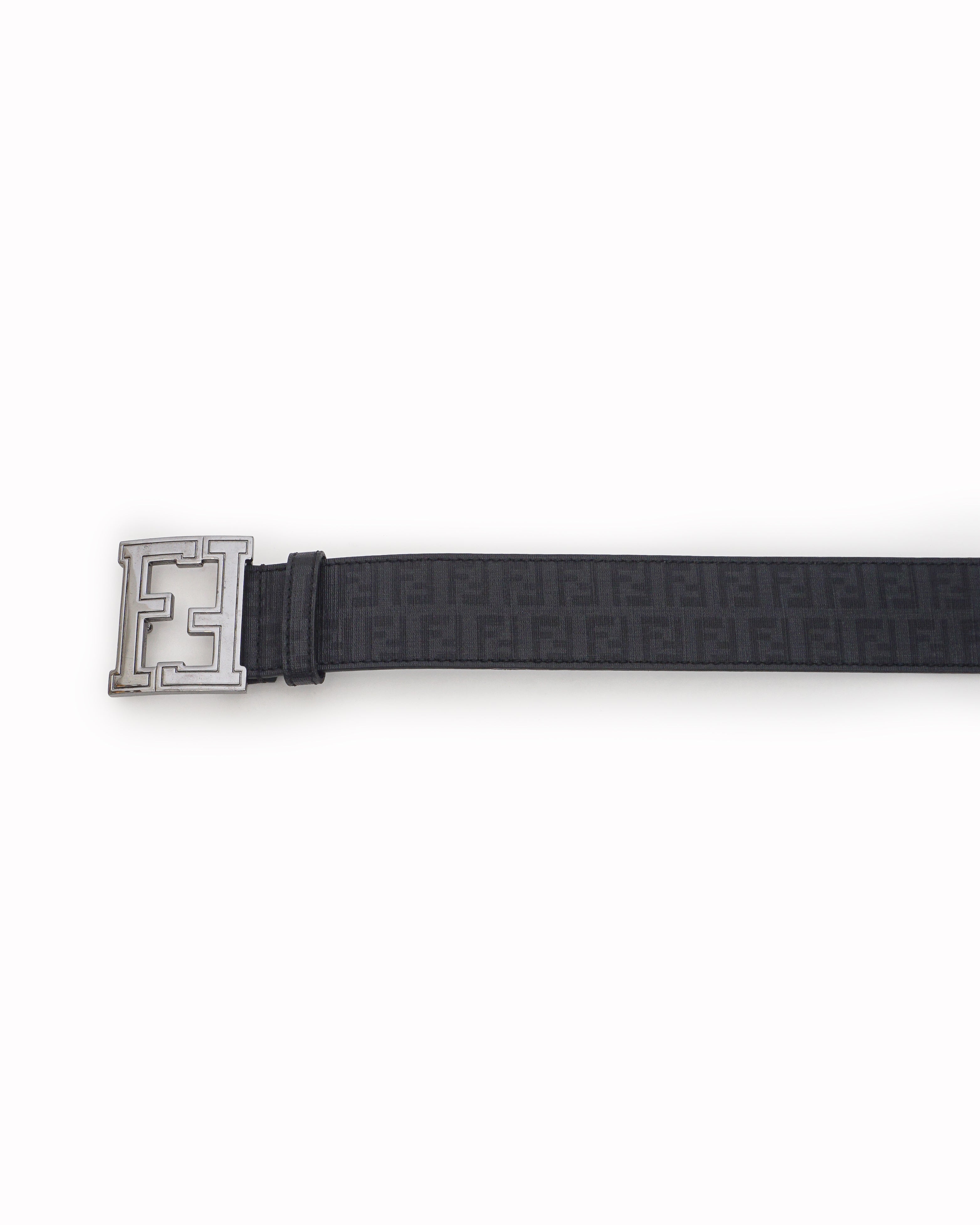 Fendi Black FF Monogram Textured Leather Silver Buckle Belt