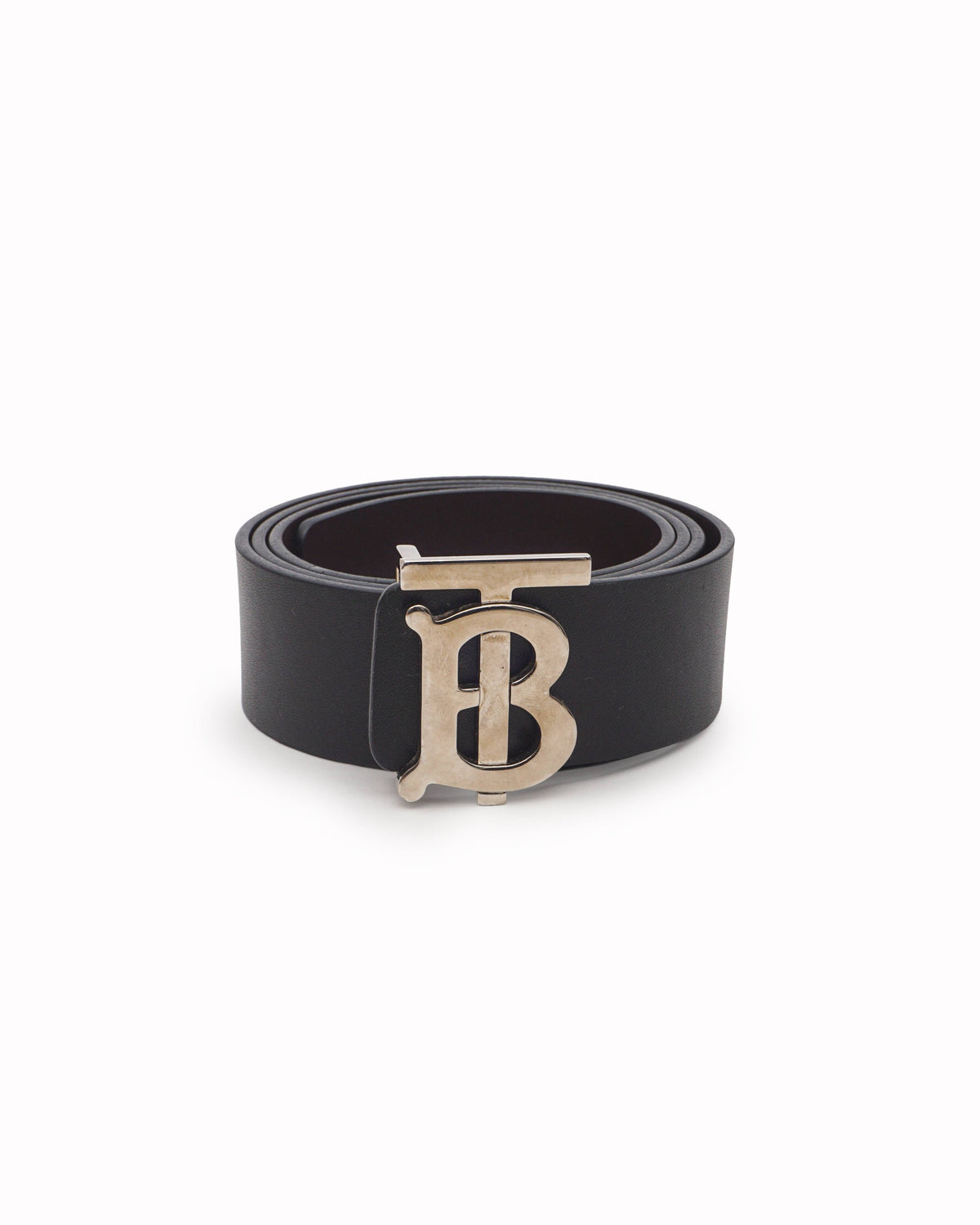 Burberry Black Smooth Leather Silver TB Monogram Plaque Belt