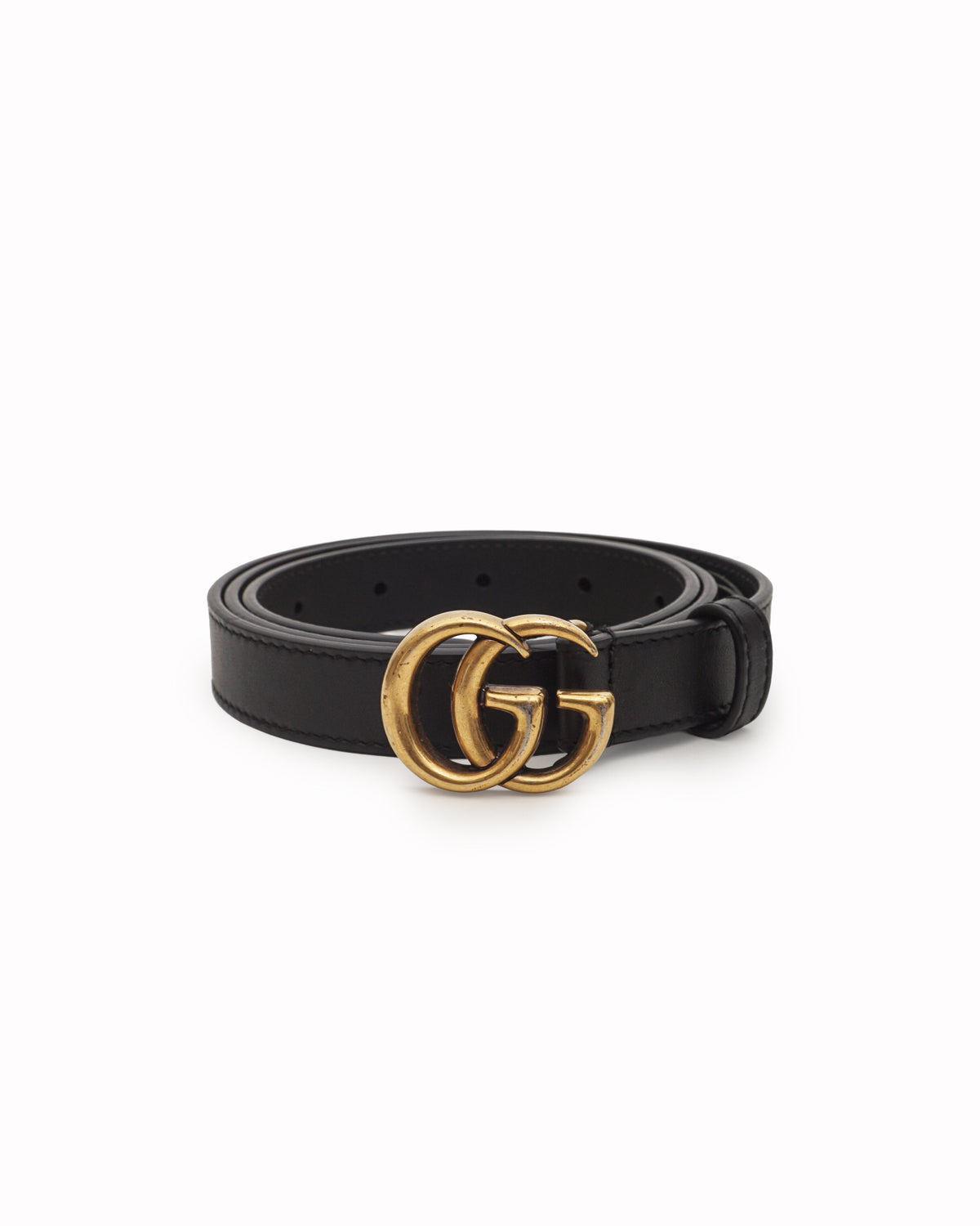 Gucci Black Leather Belt with Antique Gold Double G Buckle