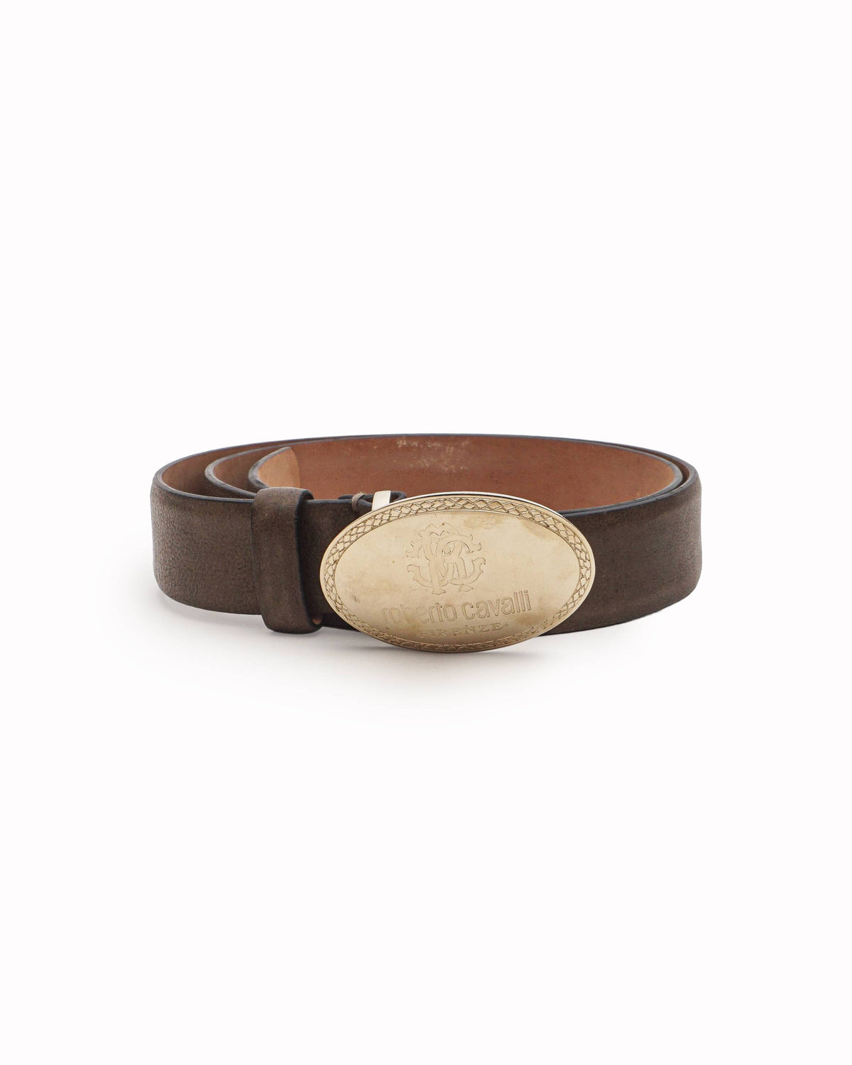 Roberto Cavalli Brown Leather Belt with Oval Gold-Tone Logo Buckle