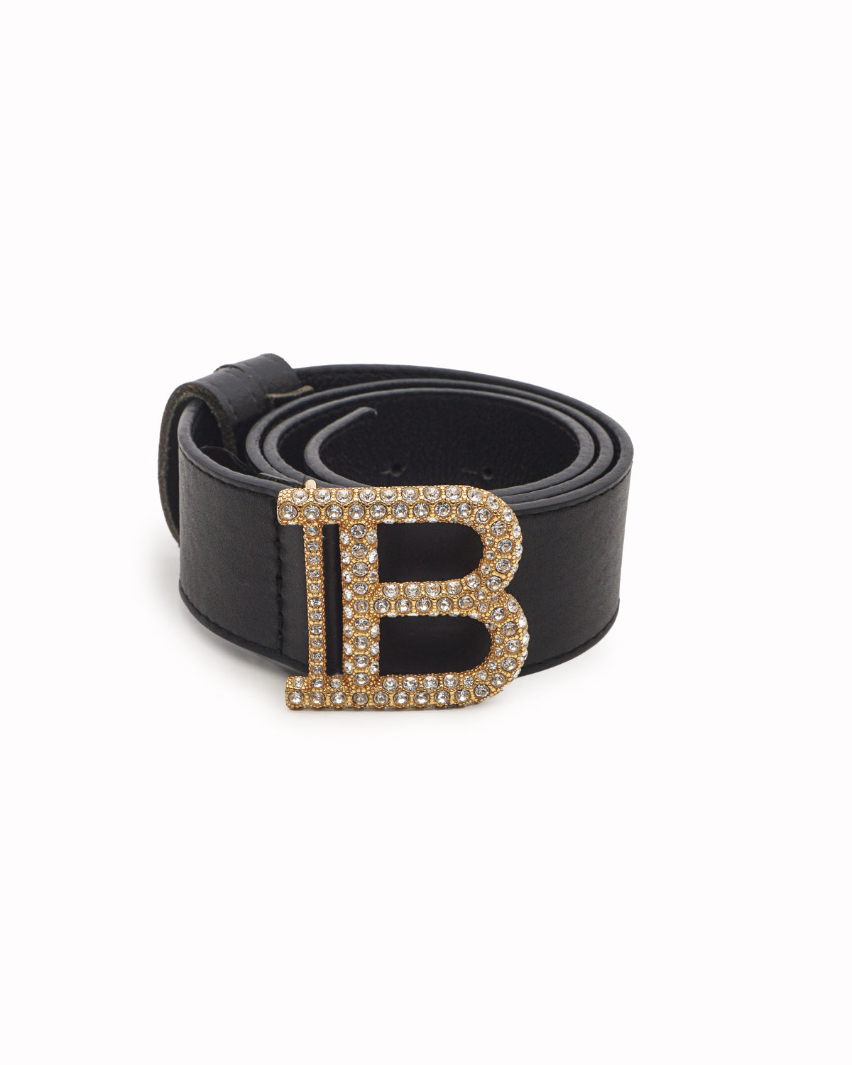 Balmain Black Leather Rhinestone B-Buckle Belt