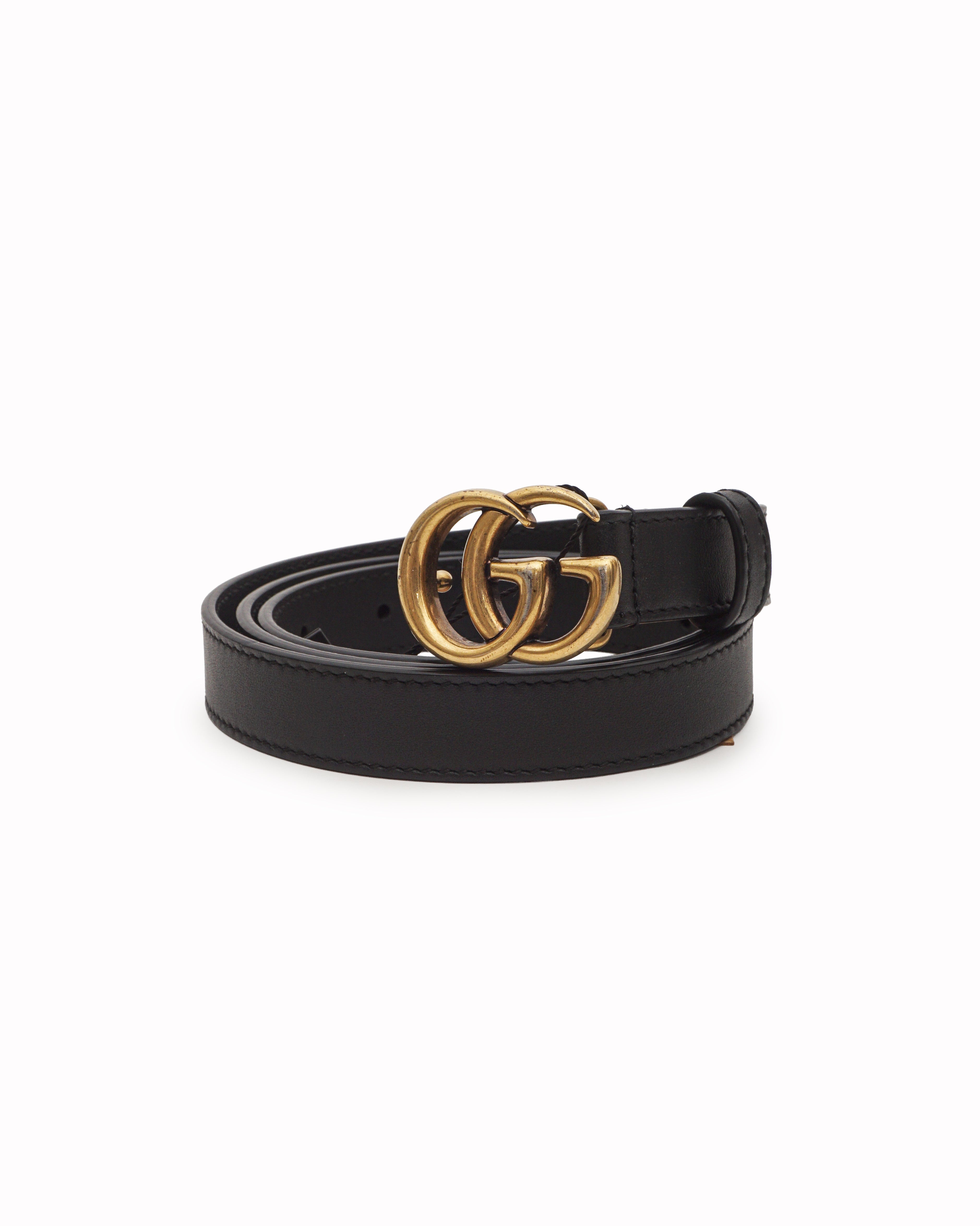 Gucci Black Leather Belt with Antique Gold Double G Buckle