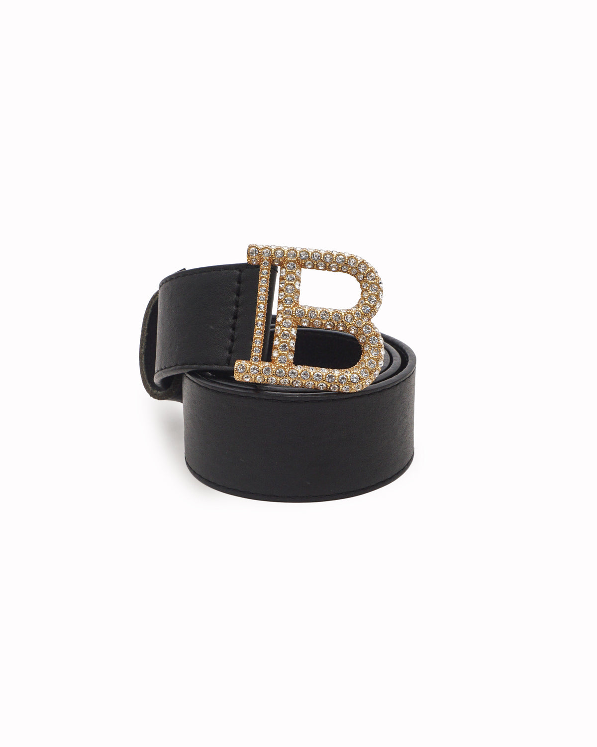 Balmain Black Leather Rhinestone B-Buckle Belt