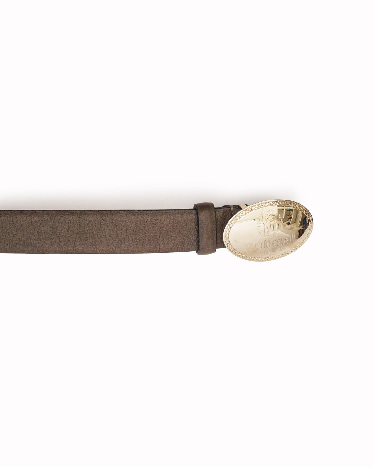 Roberto Cavalli Brown Leather Belt with Oval Gold-Tone Logo Buckle