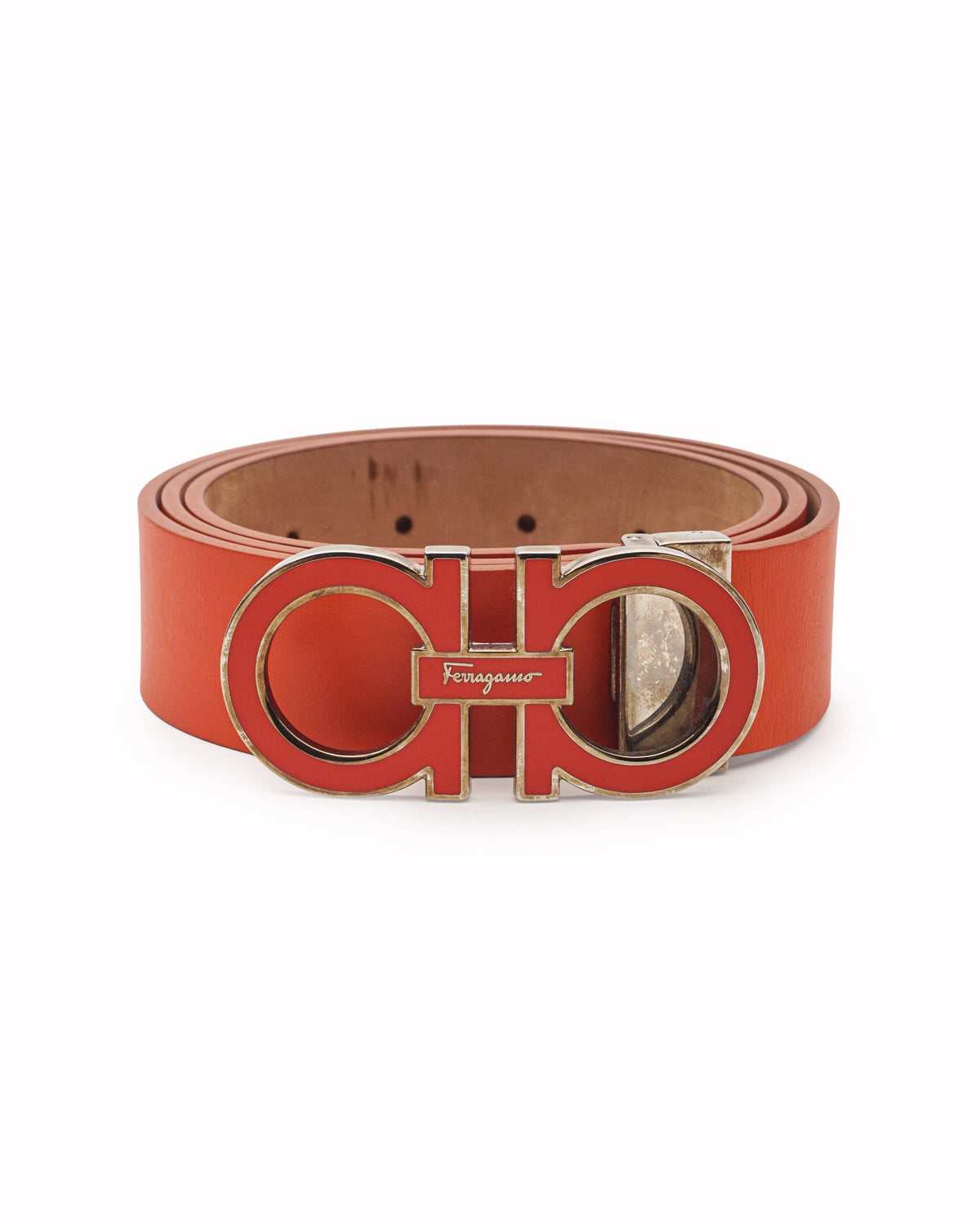 Salvatore Ferragamo Coral Red Leather Double Gancini Belt