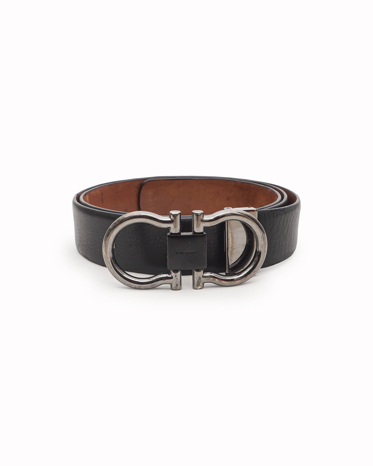 Salvatore Ferragamo Black Leather Gunmetal Gancini Belt