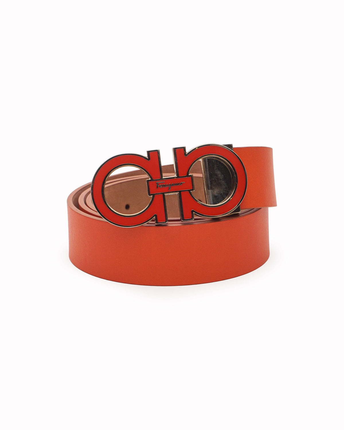 Salvatore Ferragamo Coral Red Leather Double Gancini Belt