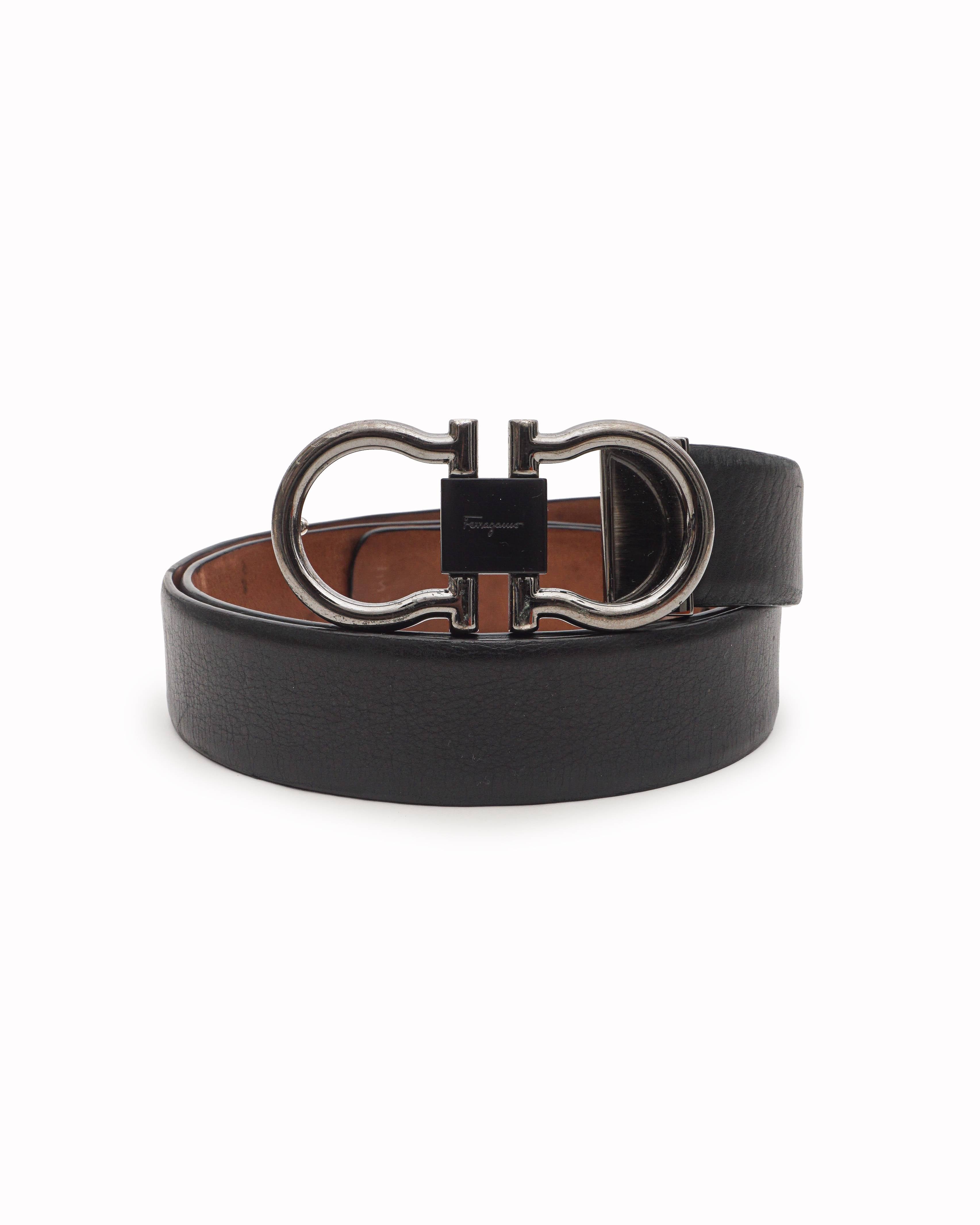Salvatore Ferragamo Black Leather Gunmetal Gancini Belt