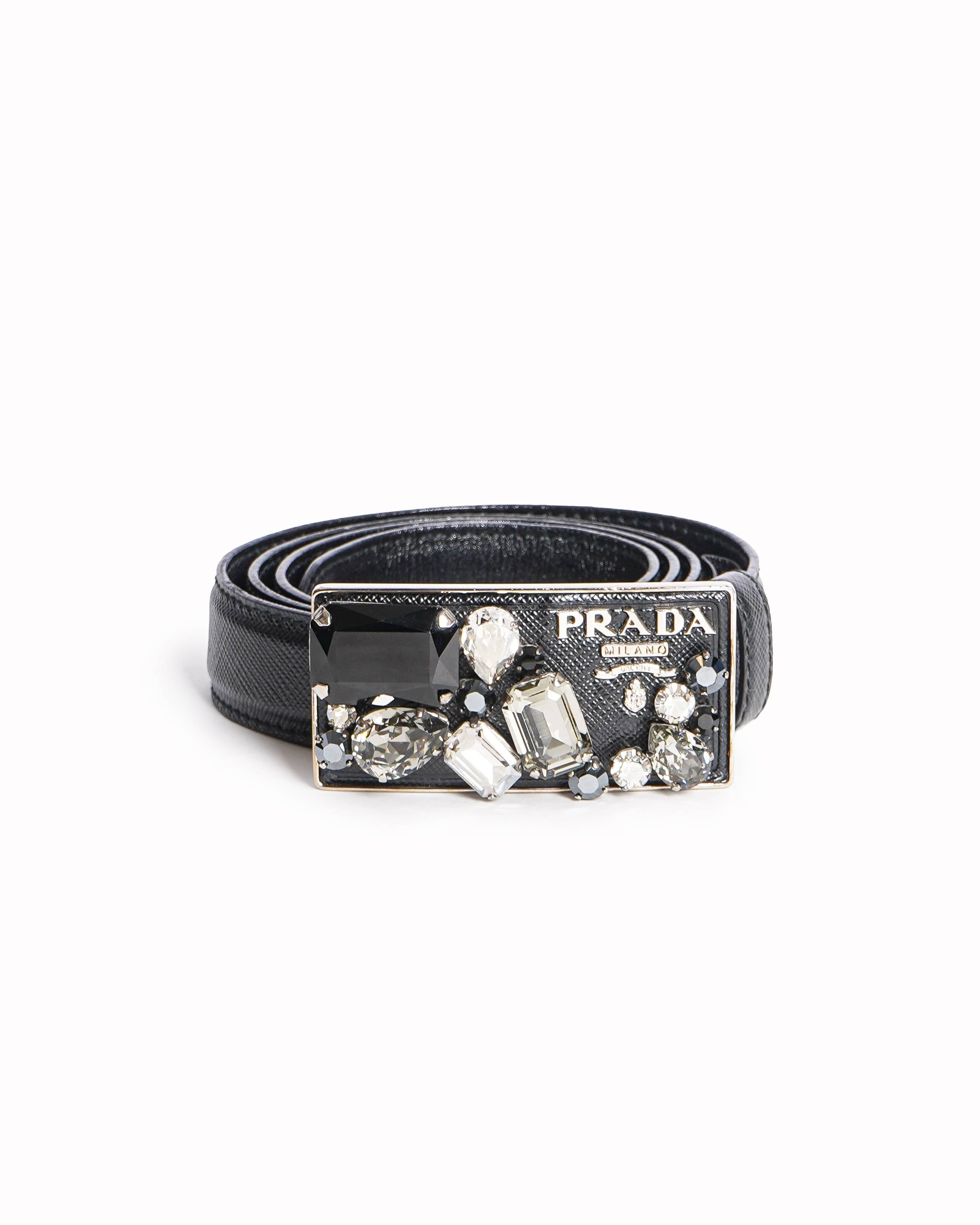 Prada Crystal-Embellished Logo Plaque Saffiano Leather Belt