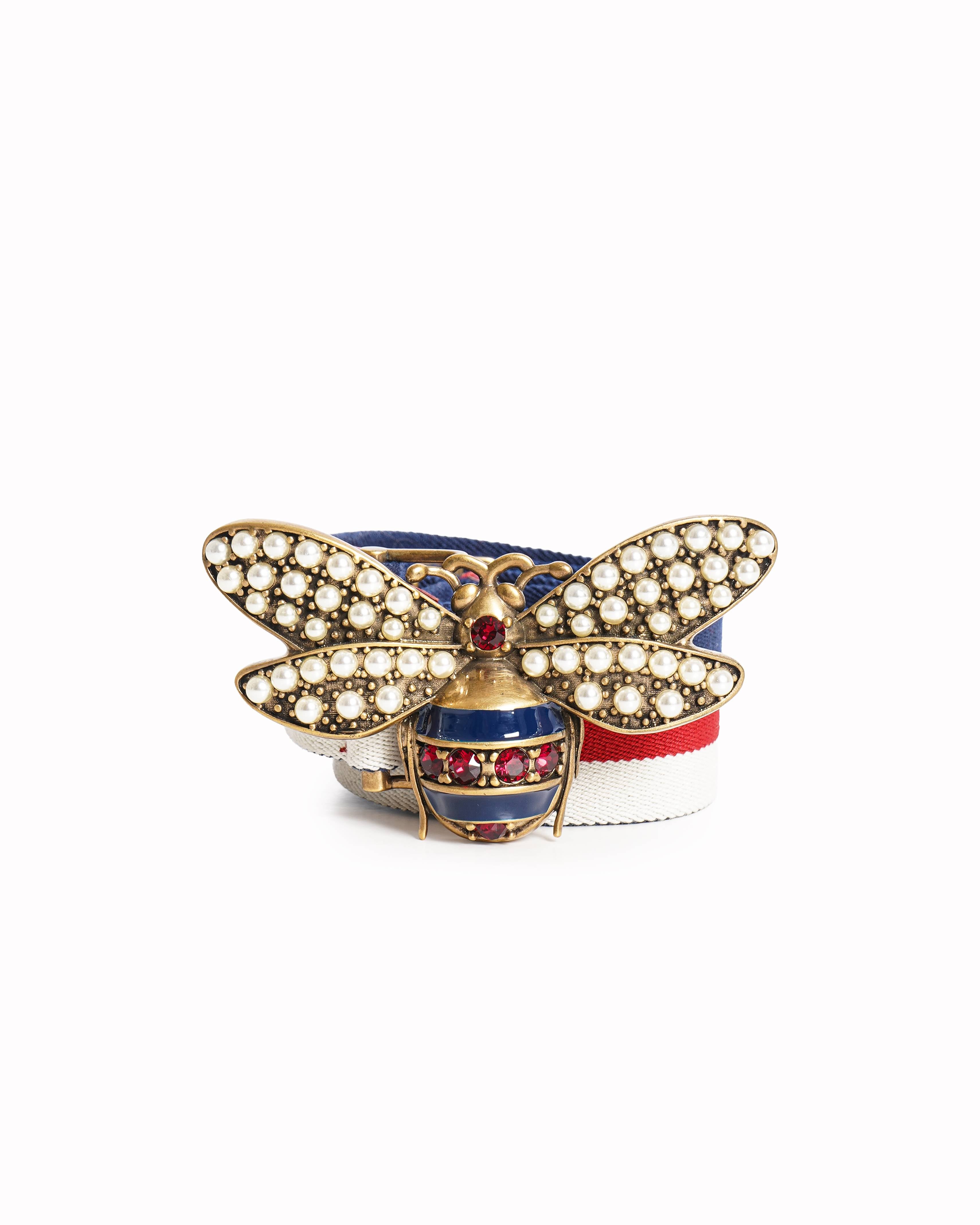 Gucci 
Tricolor Web Canvas Queen Margaret Bee Belt