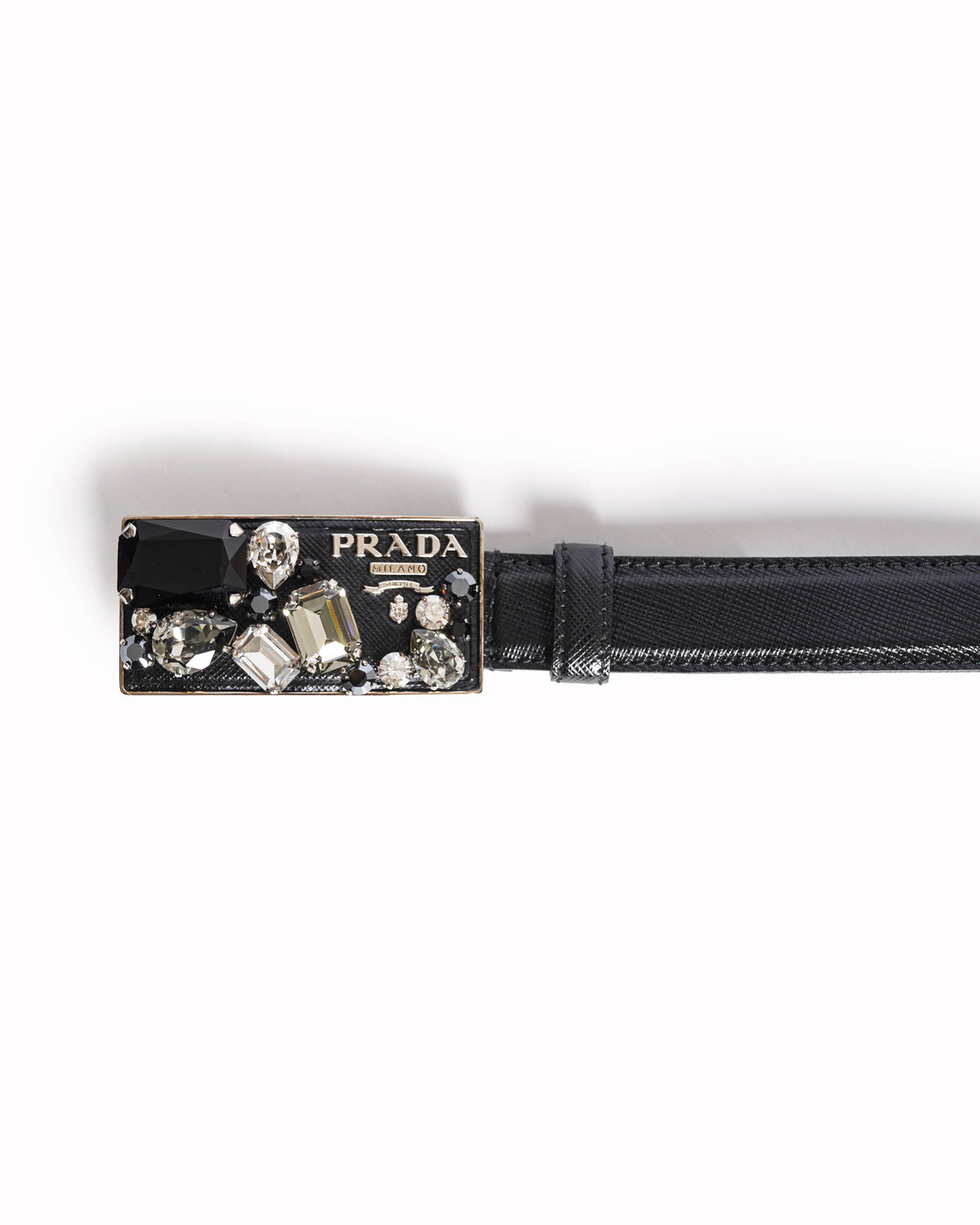 Prada Crystal-Embellished Logo Plaque Saffiano Leather Belt