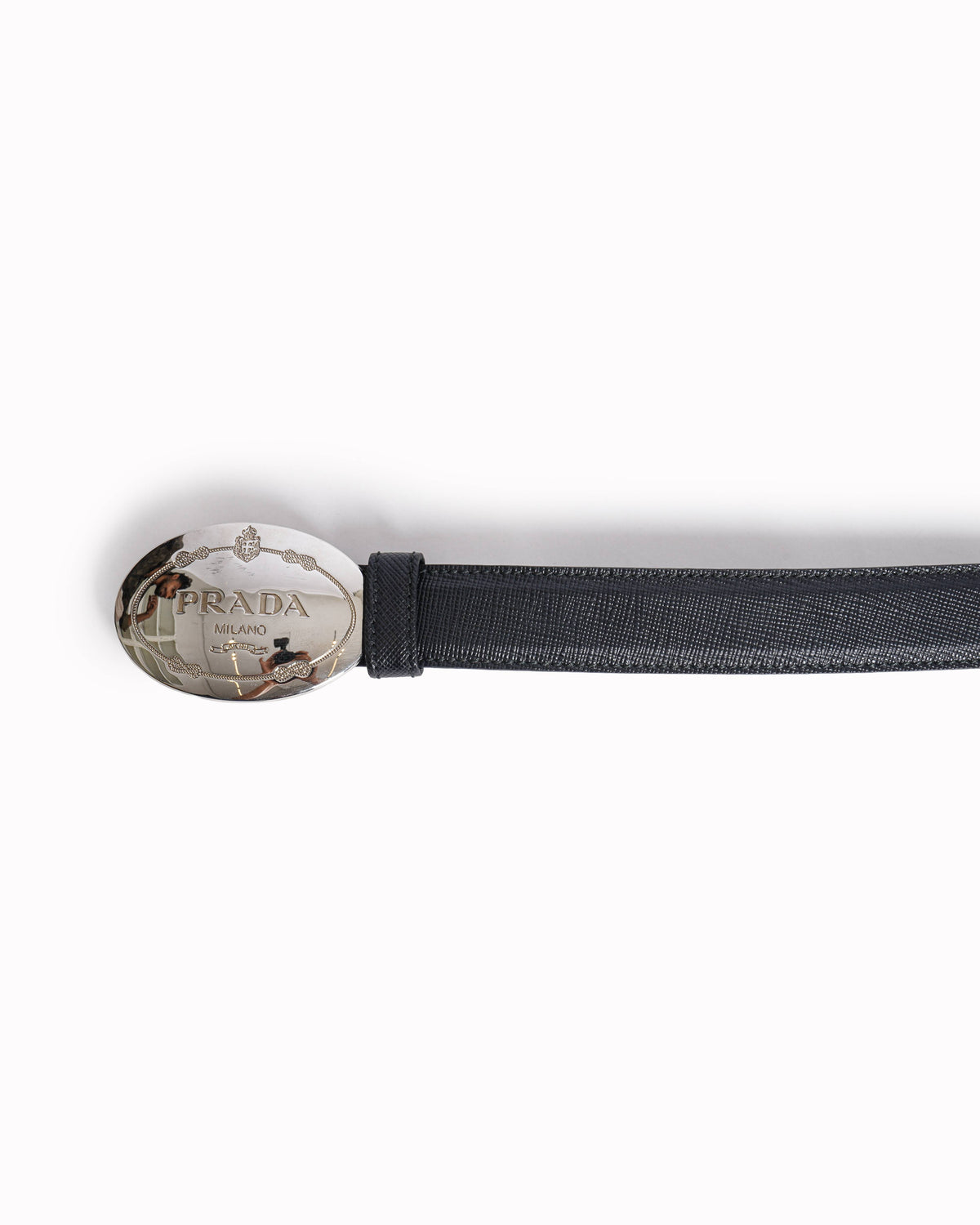 Prada Black Leather Oval Logo Buckle Belt