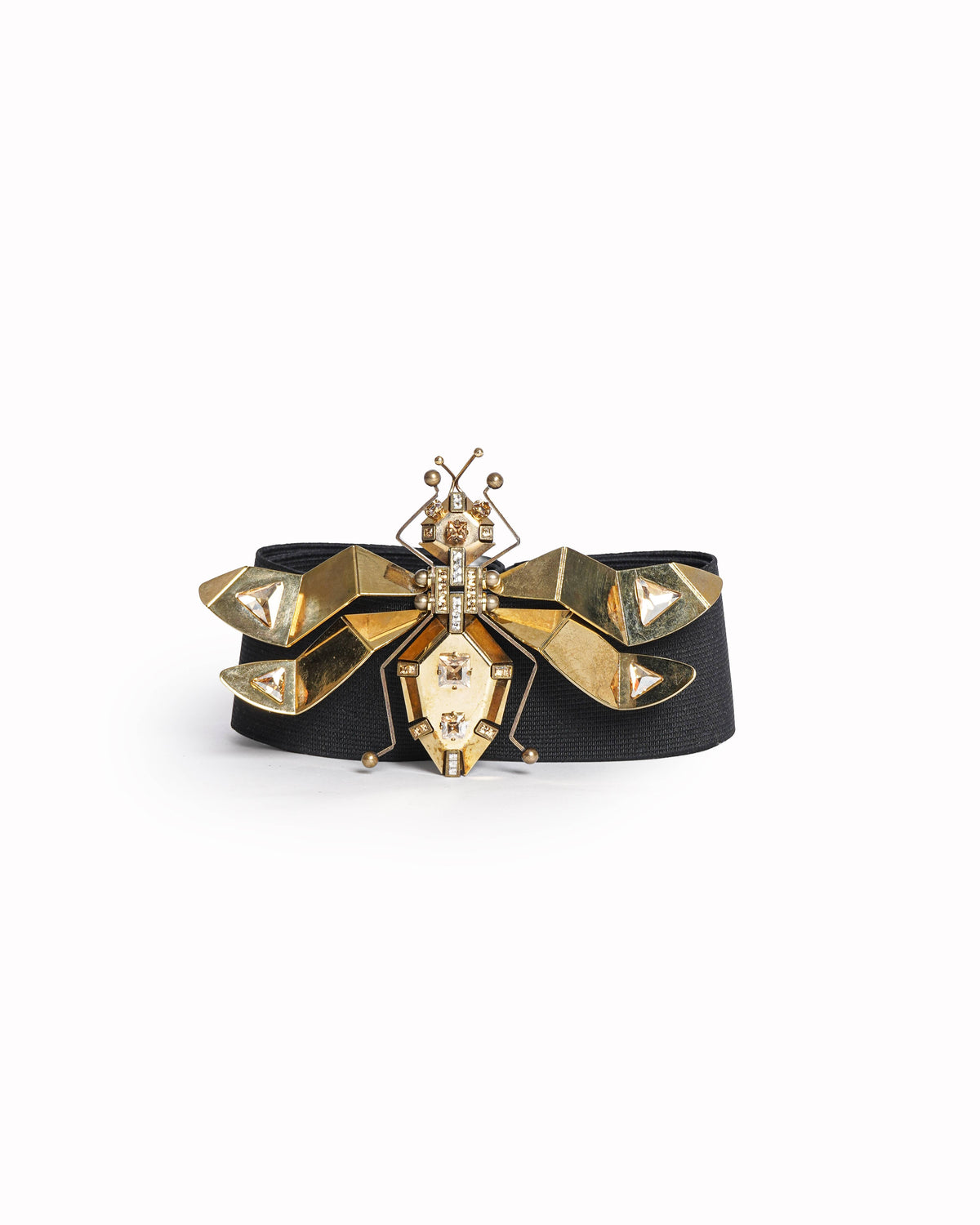 Lanvin Black Elastic Waist Belt Gold Crystal Bee Brooch