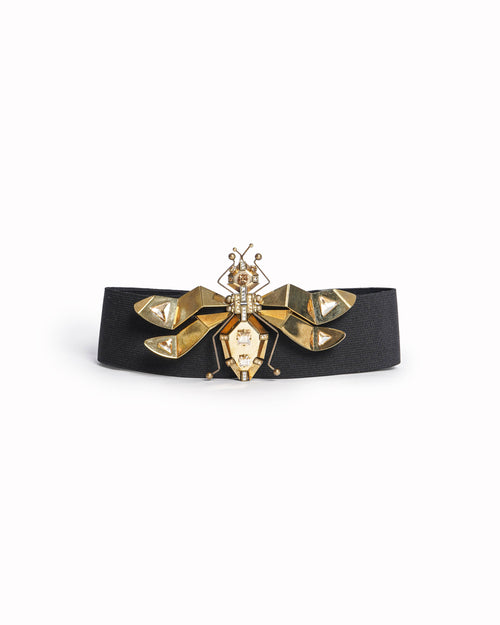 Lanvin Black Elastic Waist Belt Gold Crystal Bee Brooch