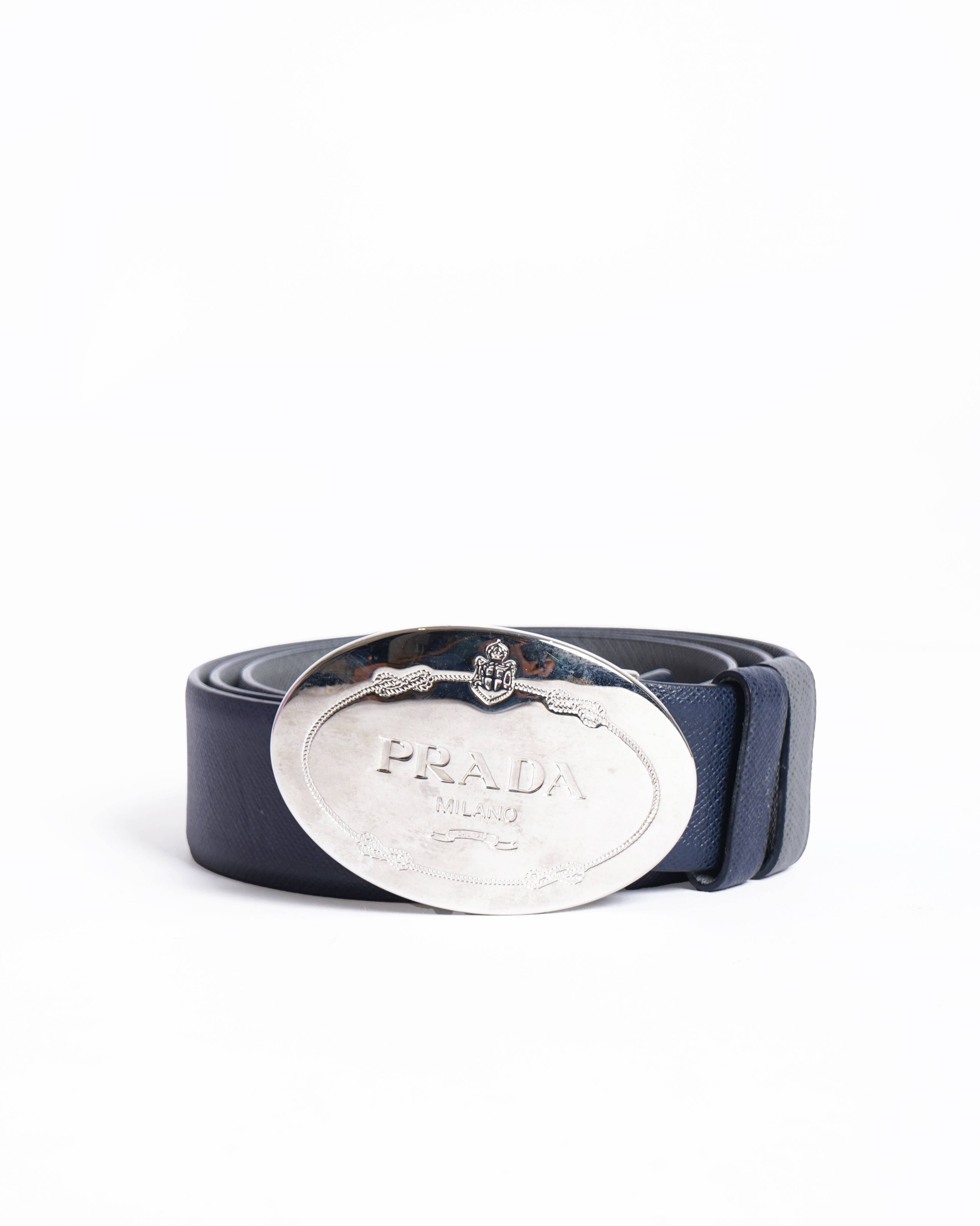 Prada Men's Buckle Belt In Navy Blue