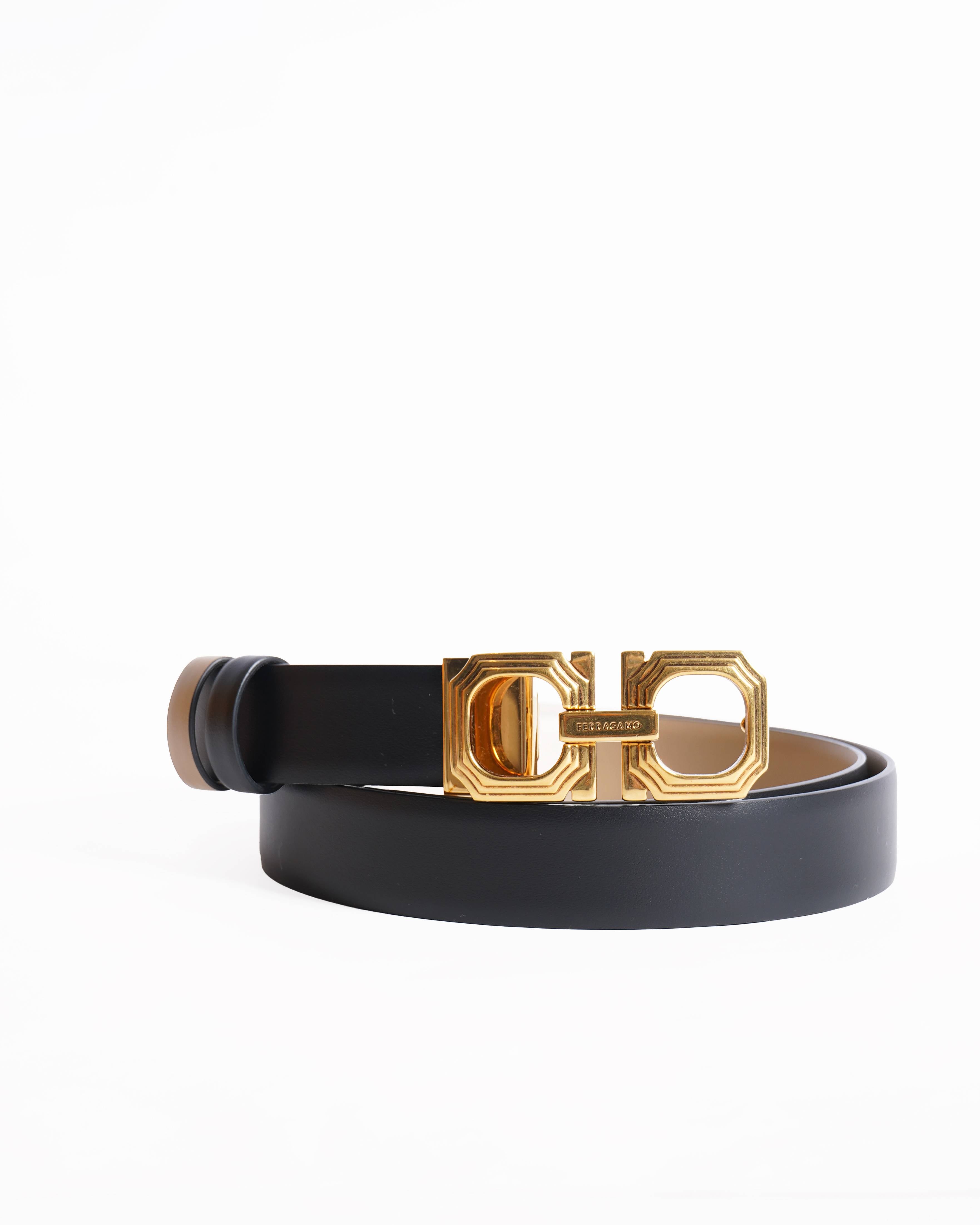Salvatore Ferragamo Double Gancio Reversible Leather Black & Tan Belt