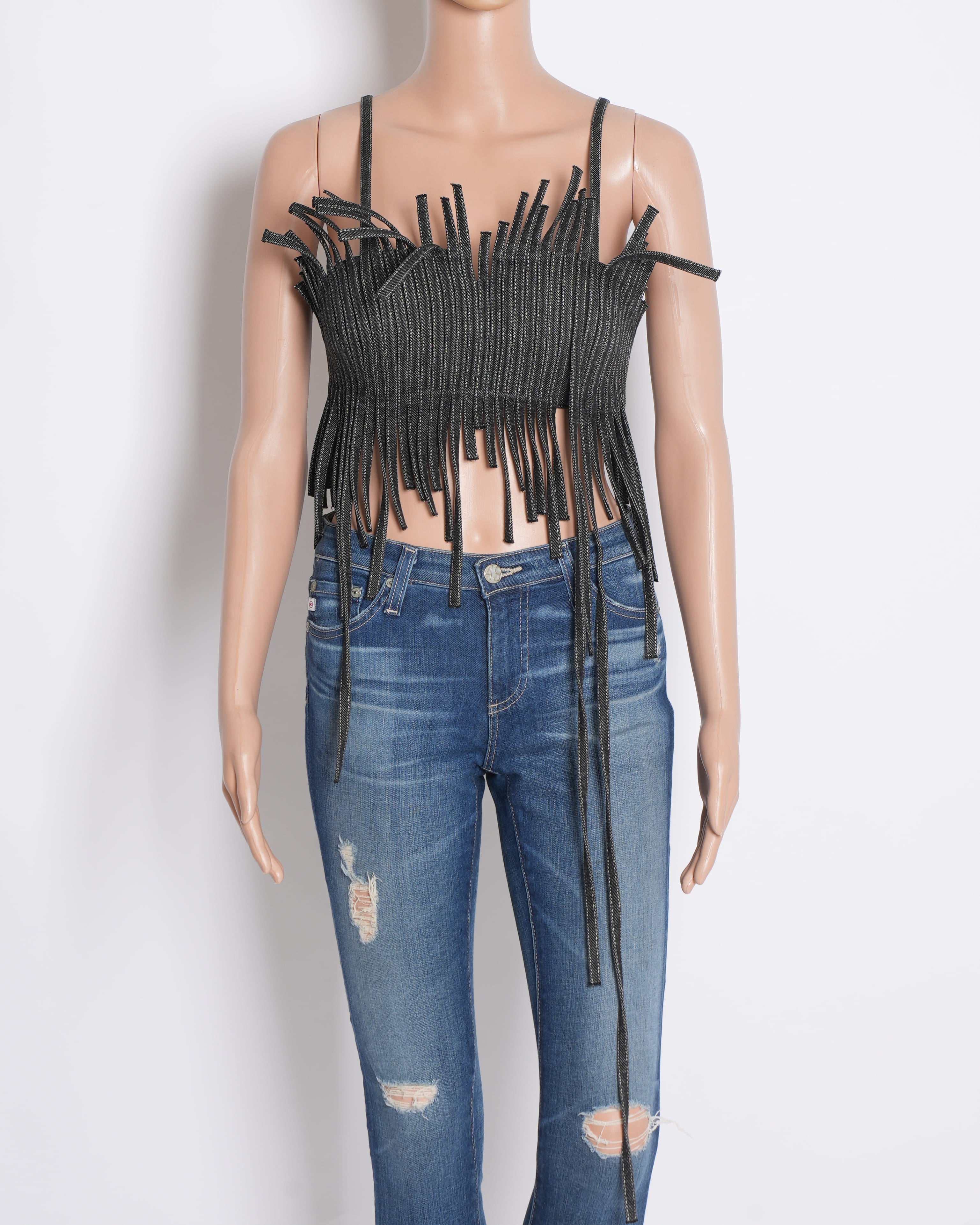 Bloni Charcoal Denim Fringe Bralette Top