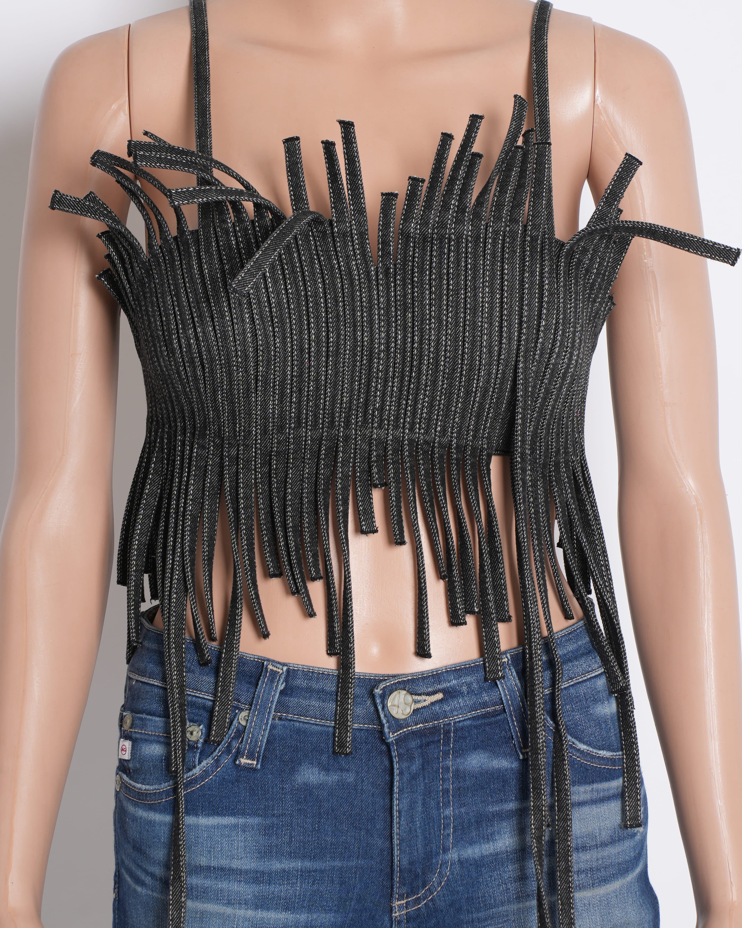 Bloni Charcoal Denim Fringe Bralette Top