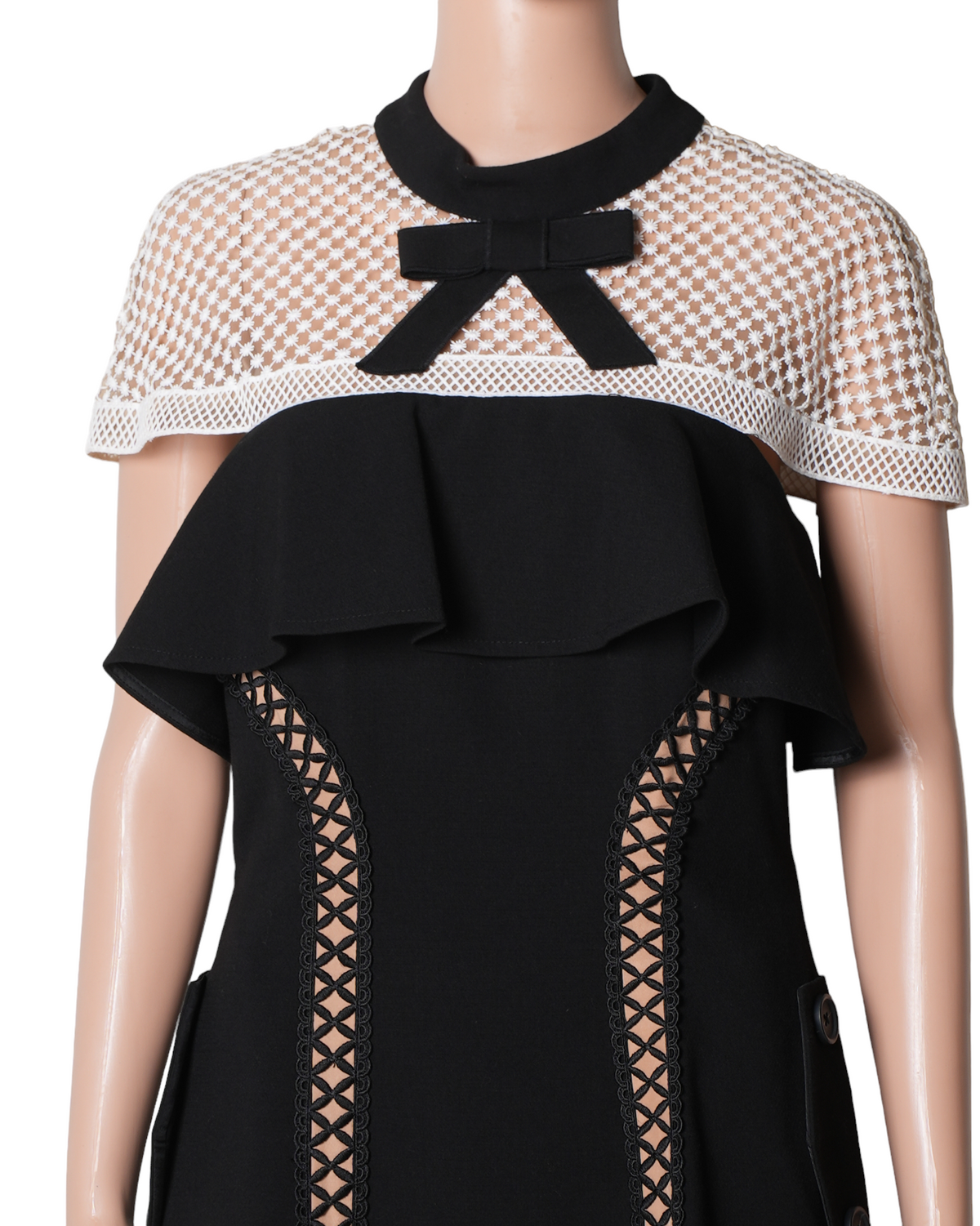 Self Portrait Black Crepe Lace Trim Bow Detail Mini Dress