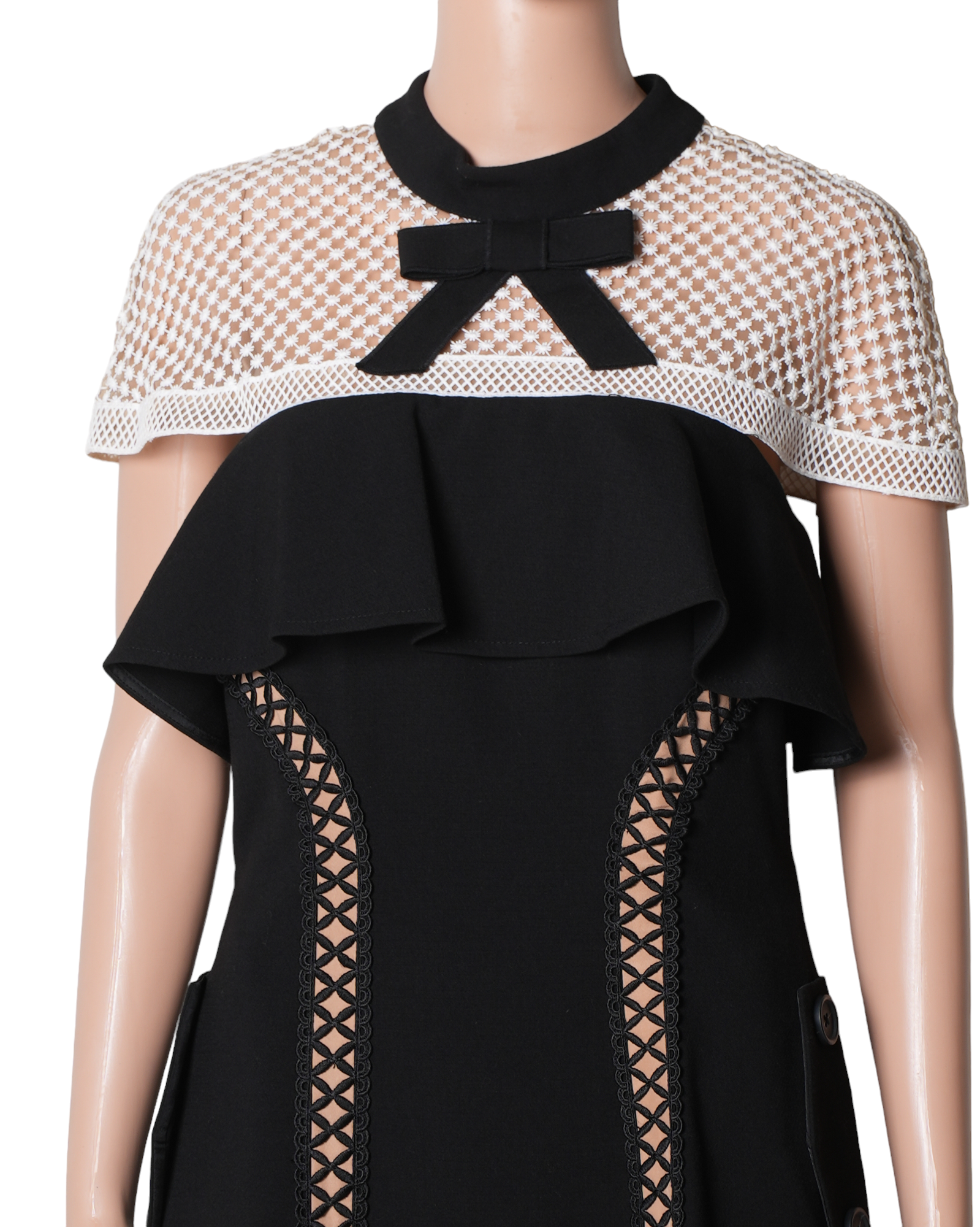 Self Portrait Black Crepe Lace Trim Bow Detail Mini Dress