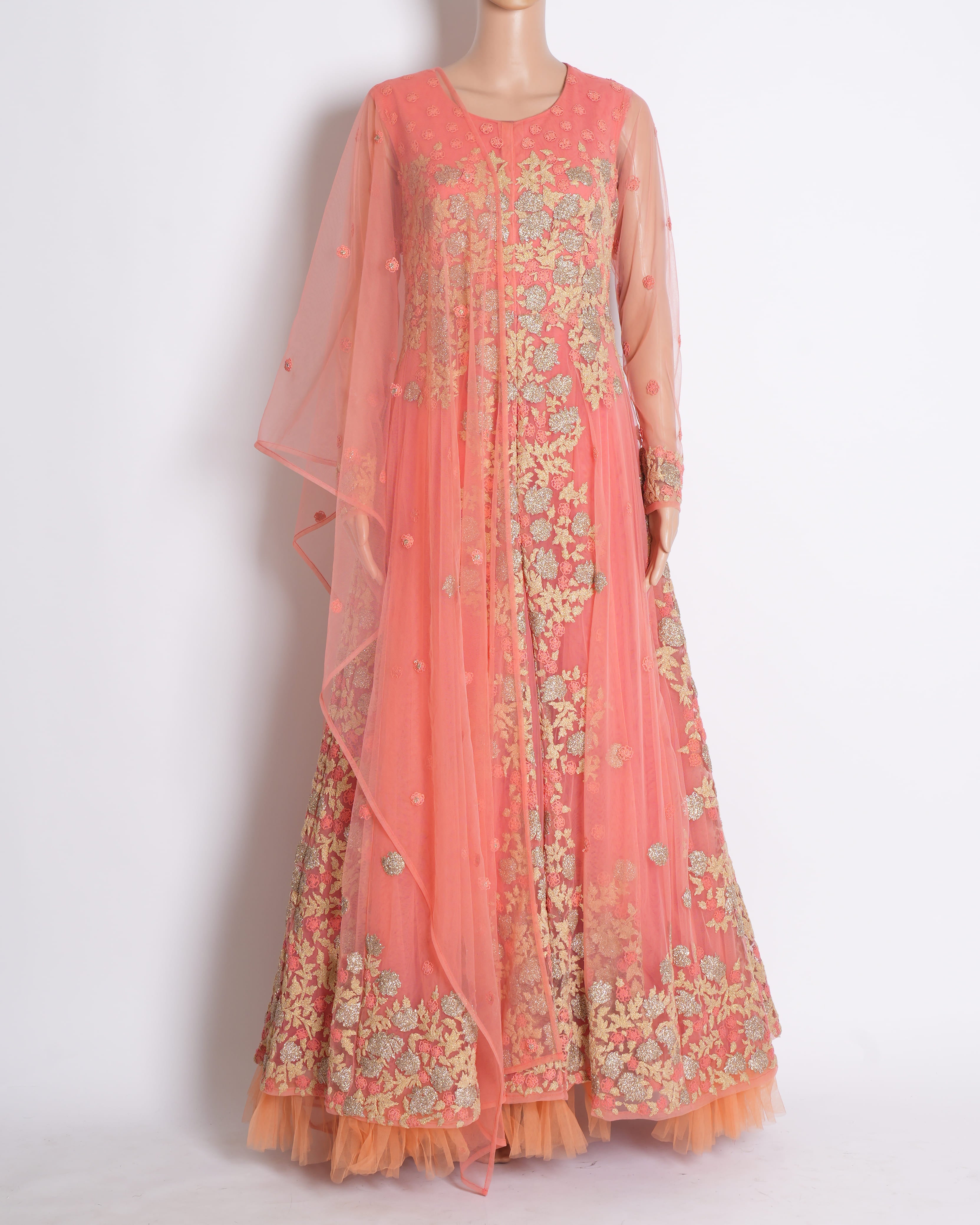 ANEESH AGARWAAL Embroidered Long Anarkali in Peach