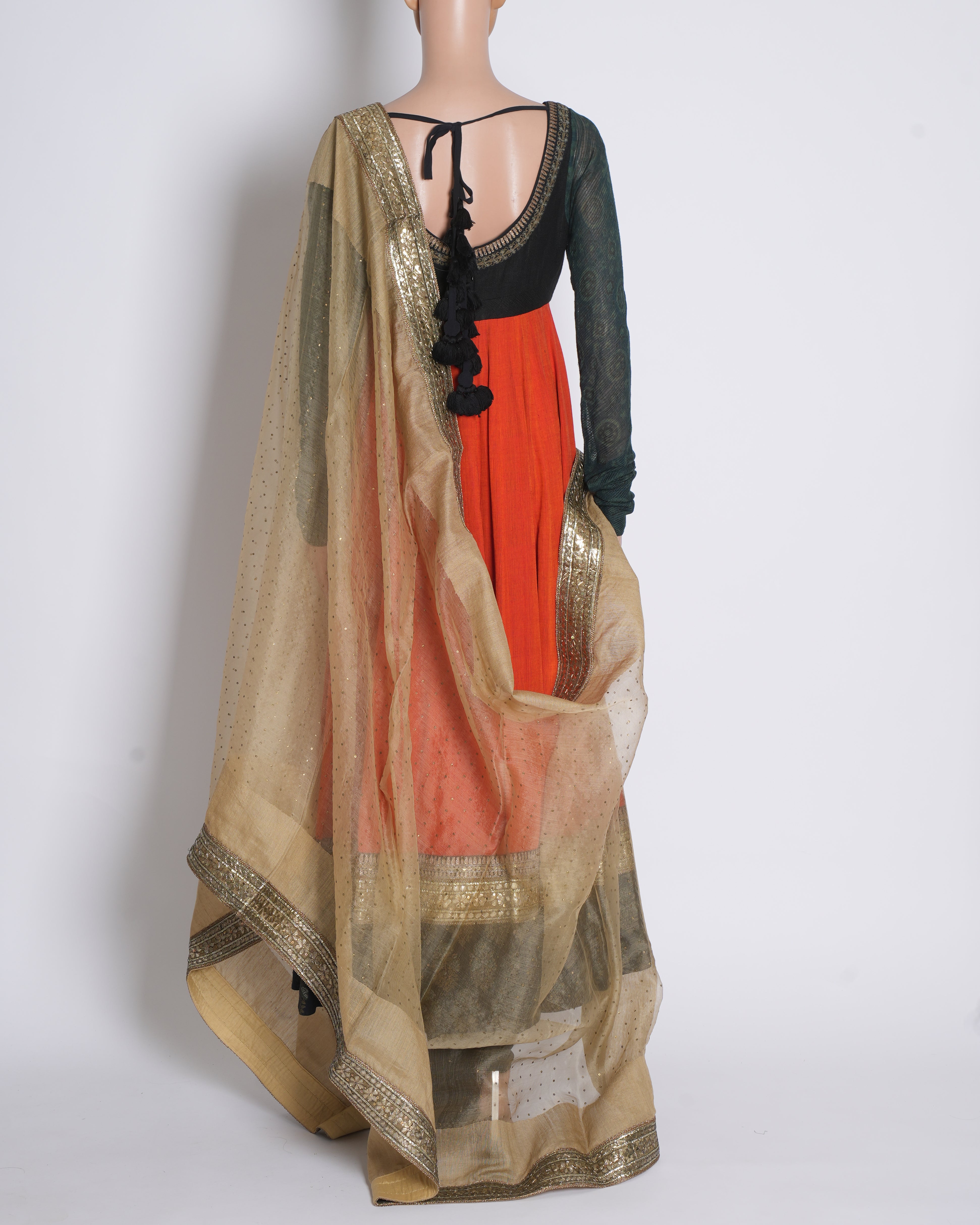 Sabyasachi Anarkali Set with Bottom & Dupatta in Black & Orange