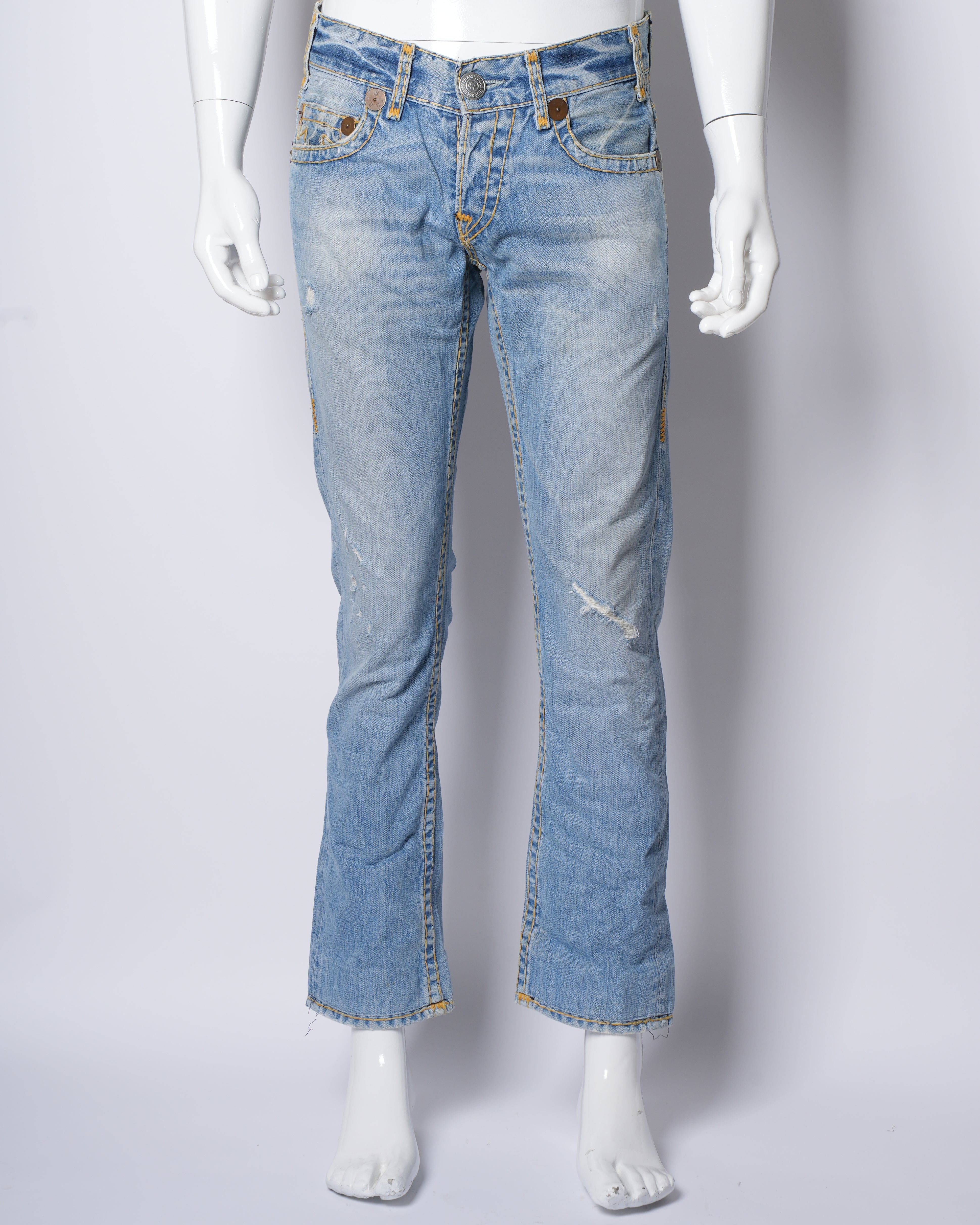 True Religion Straight Fit Denim With Destressed Detailing