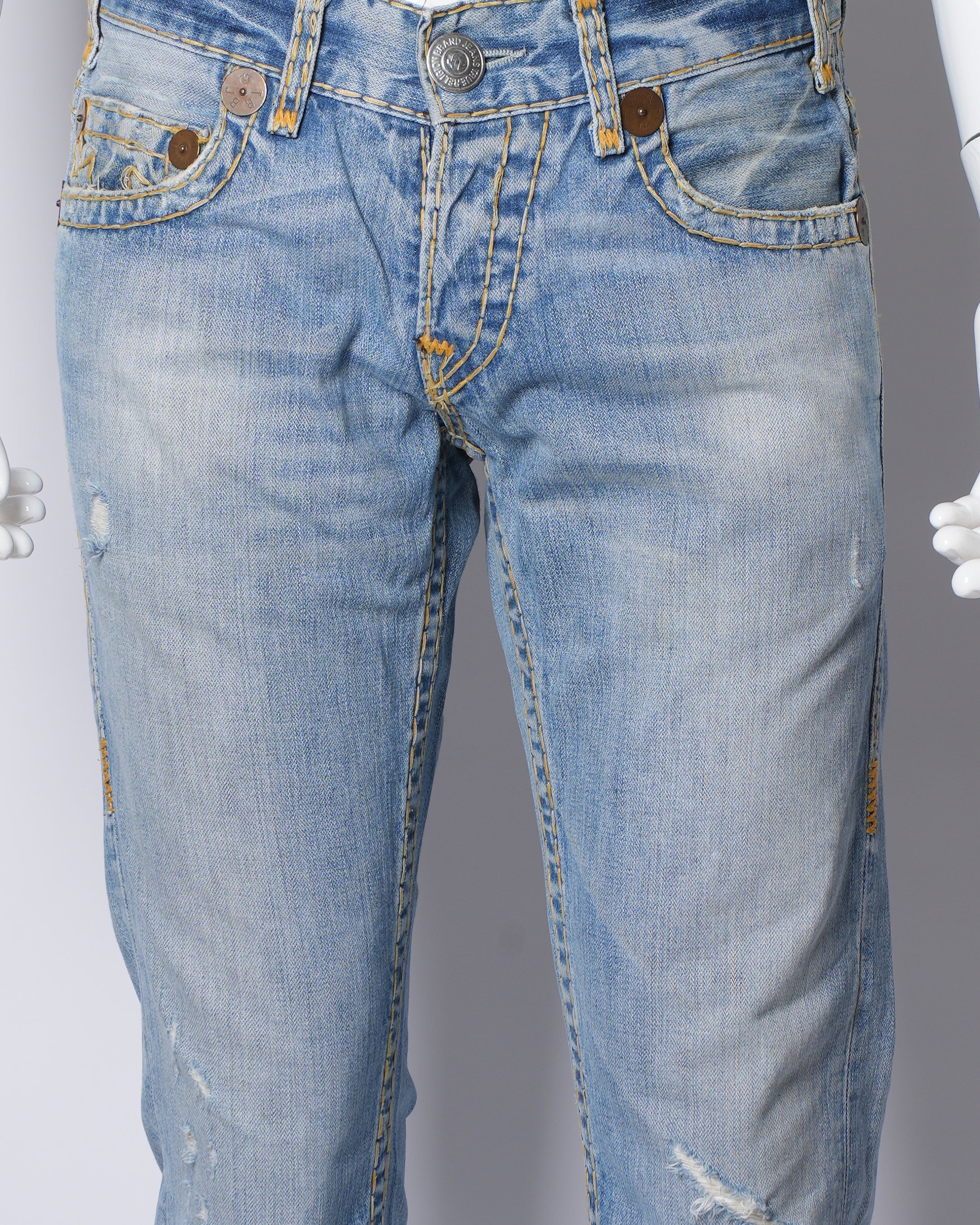 True Religion Straight Fit Denim With Destressed Detailing