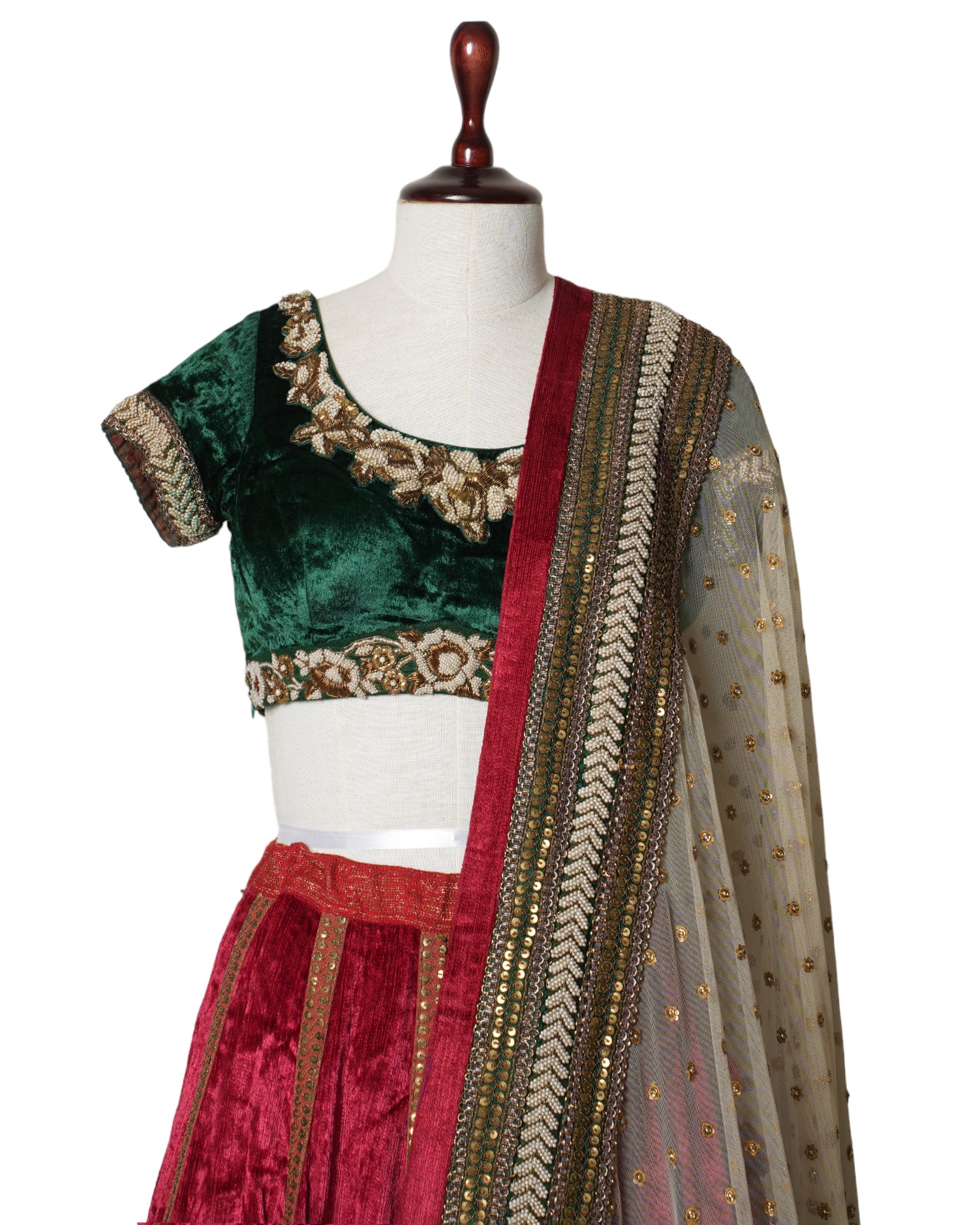 Sabyasachi Green & Red Lehenga With Heavy Zari & Sequins Work