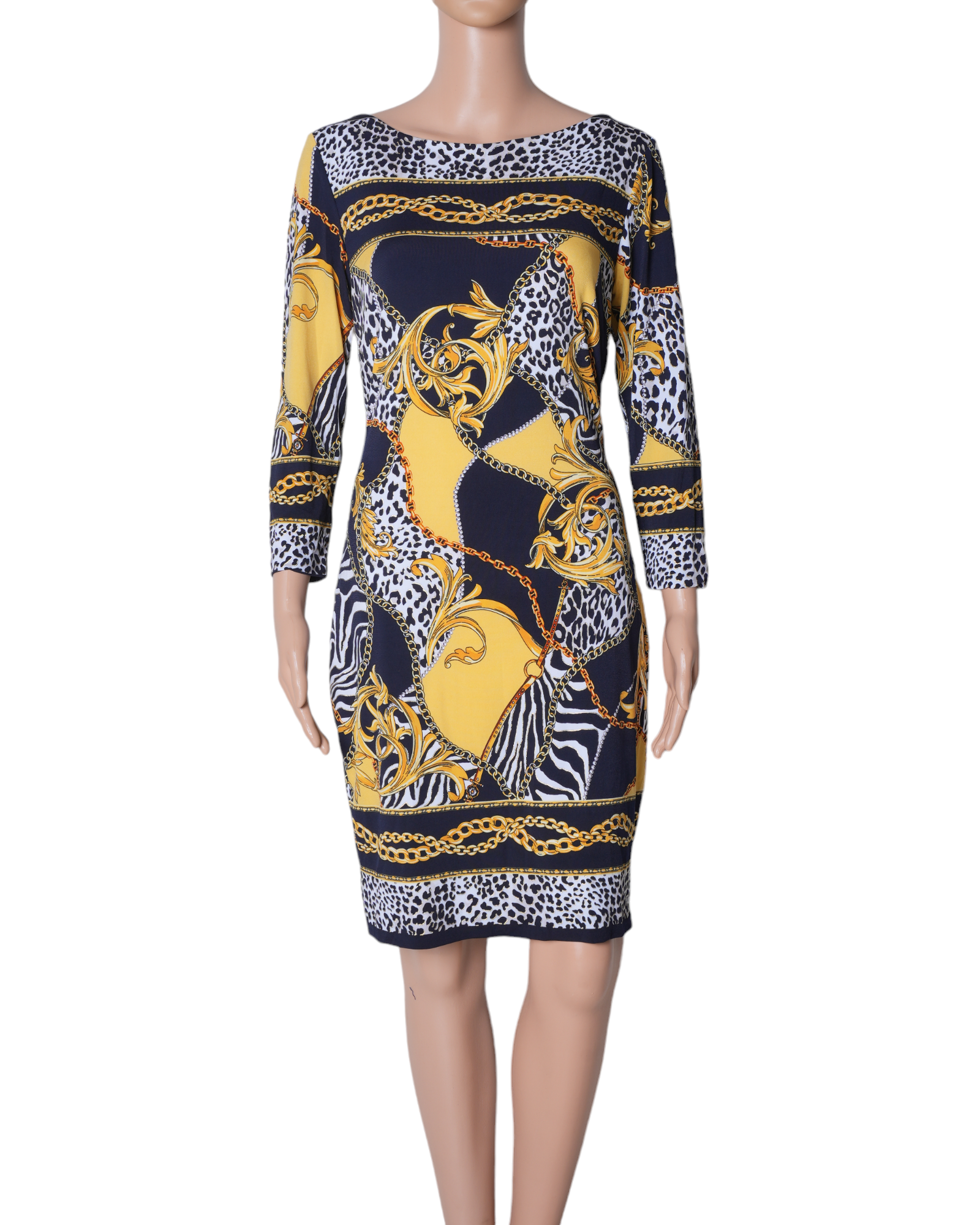 New Cache Sheath Printed Dress In Yellow & Black Leopard & Chain Print