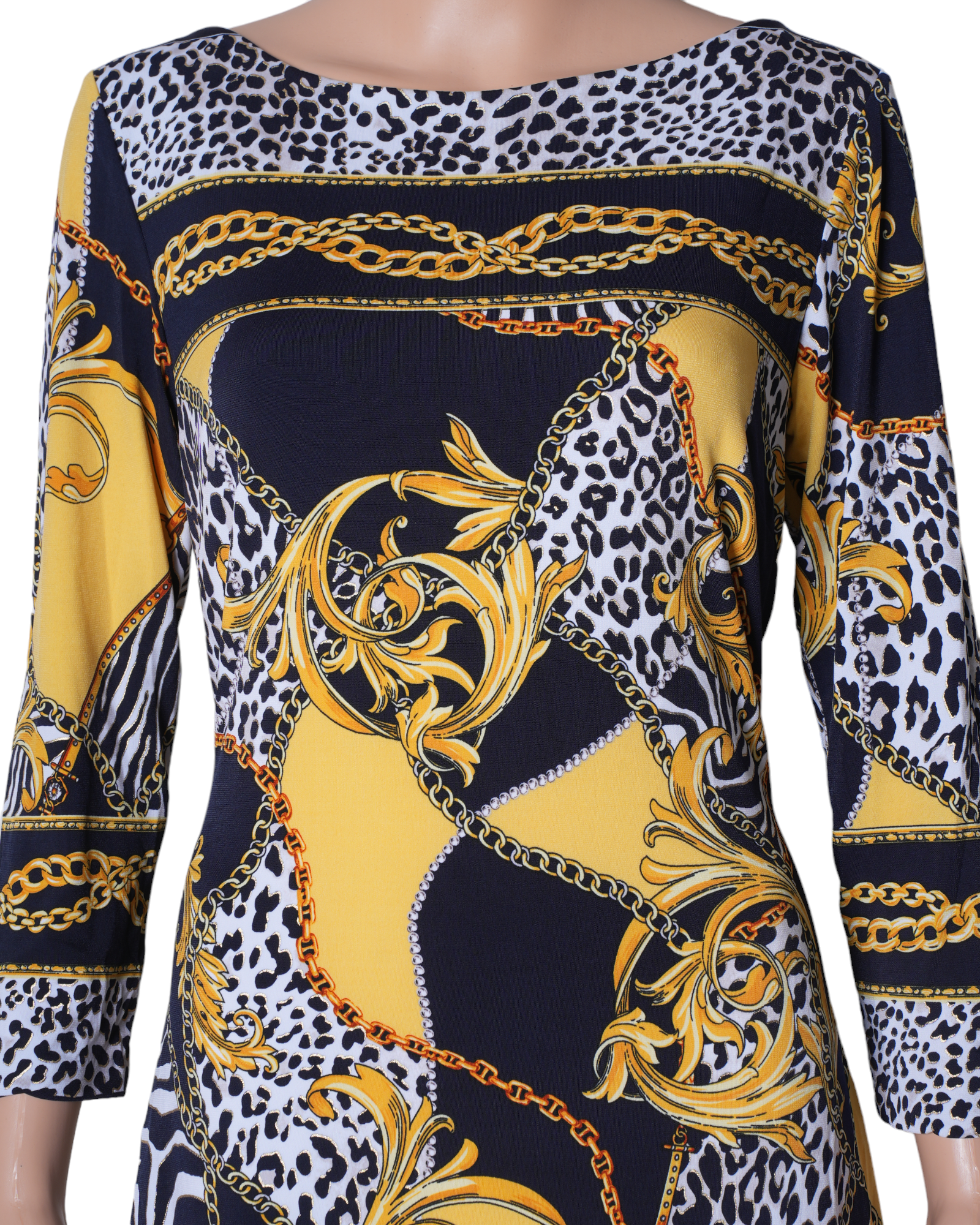New Cache Sheath Printed Dress In Yellow & Black Leopard & Chain Print