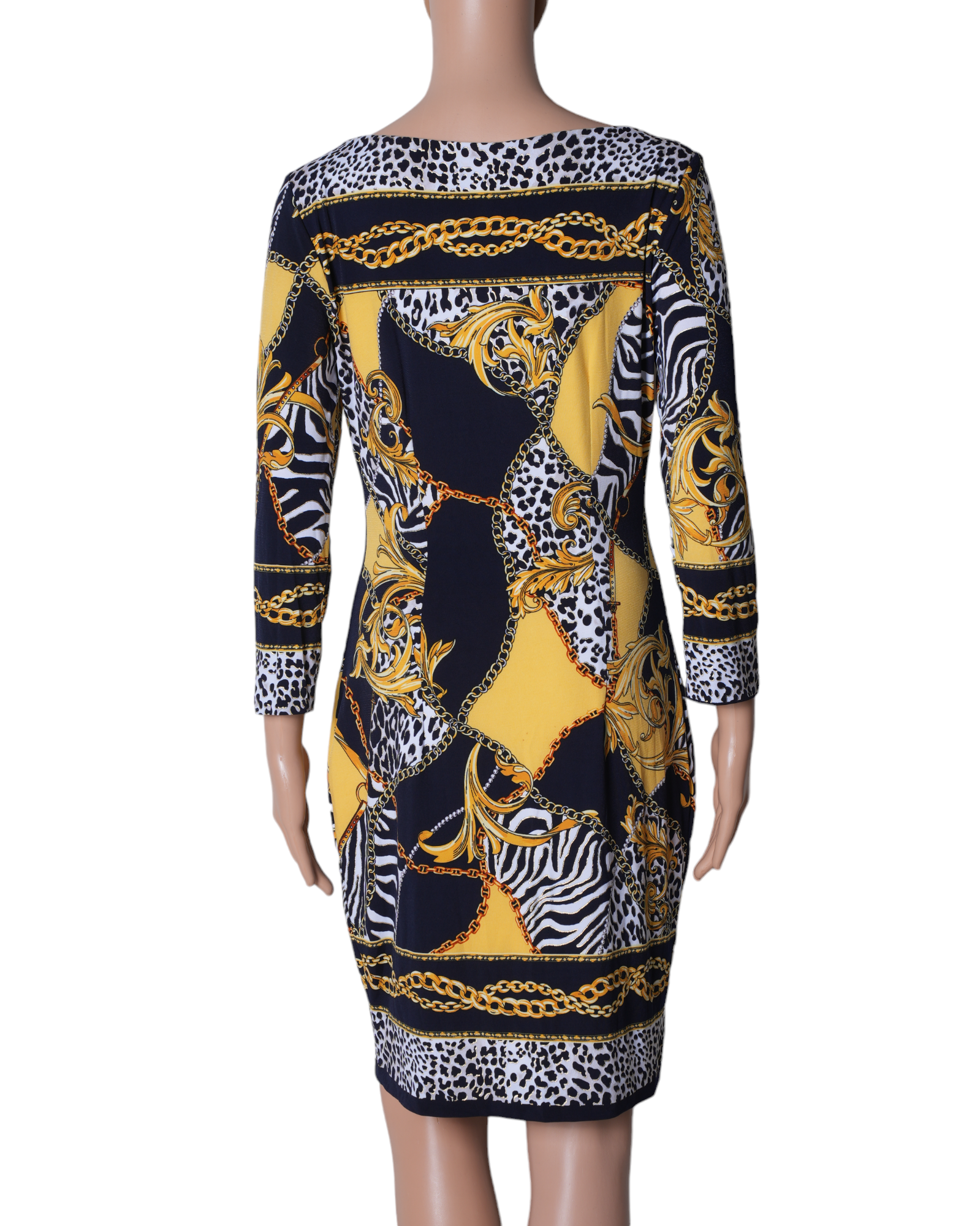 New Cache Sheath Printed Dress In Yellow & Black Leopard & Chain Print