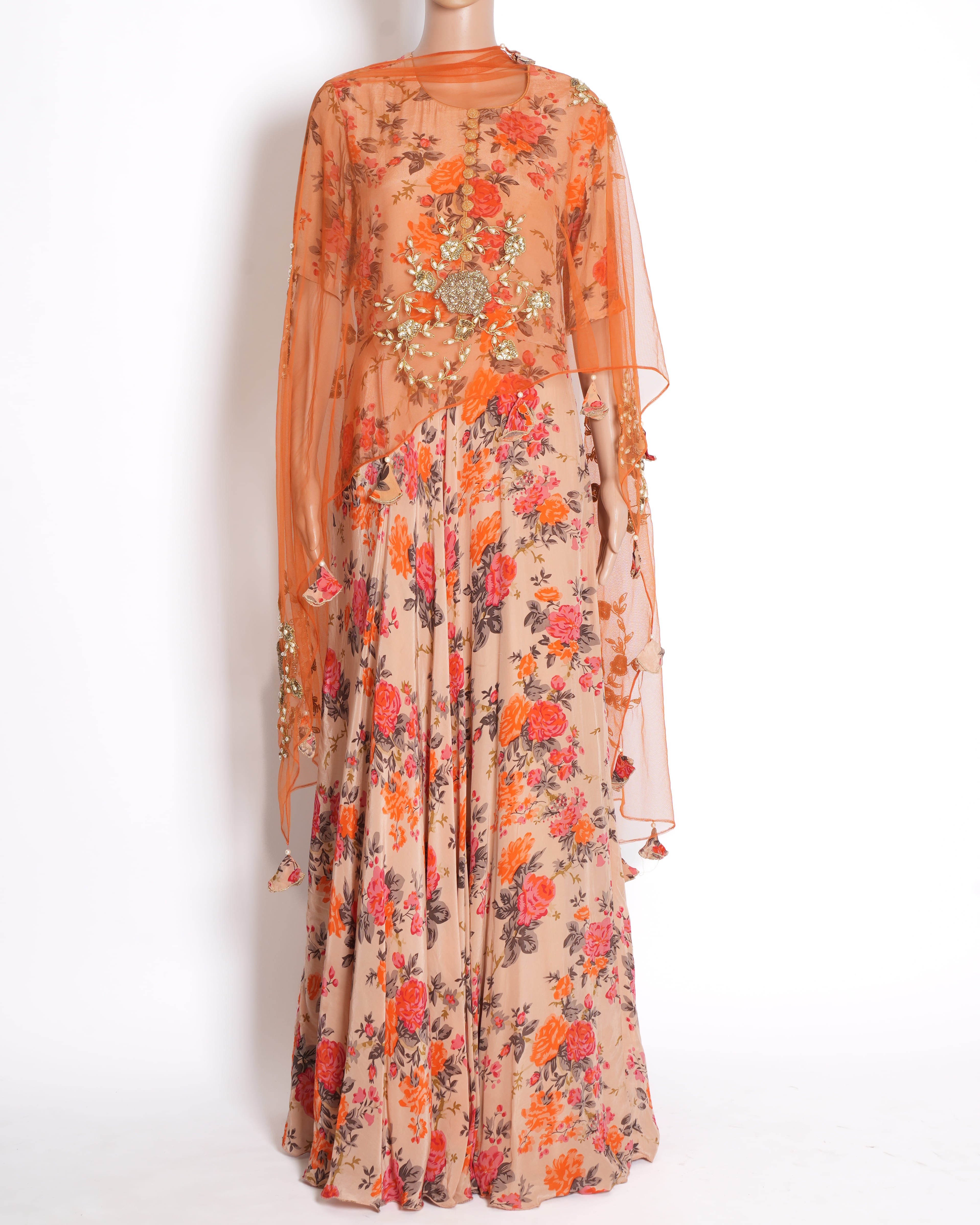 Bhumika Sharma Anarkali & Dupatta Set in Orange Floral