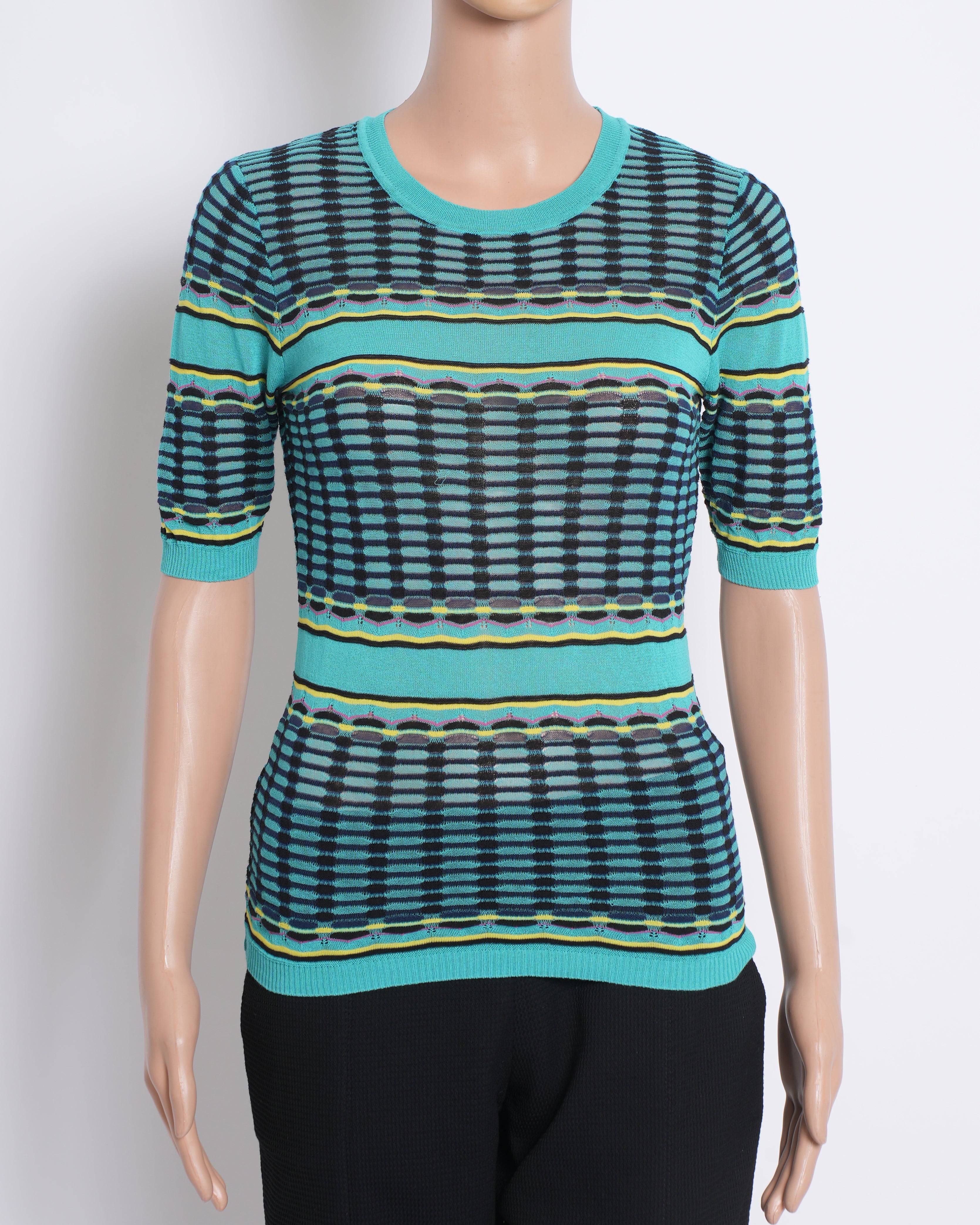 Missoni blue and green patterened knit top