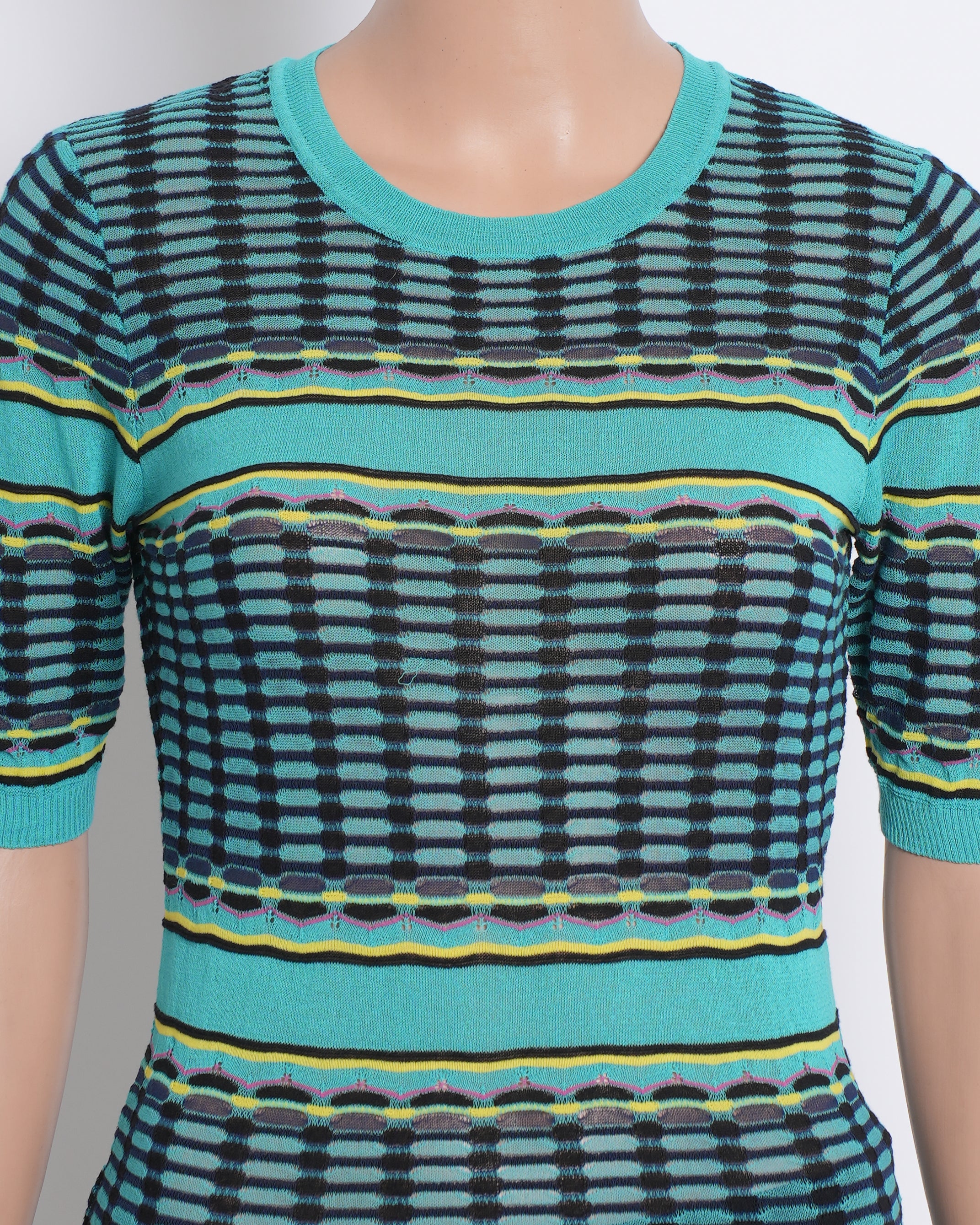 Missoni blue and green patterened knit top