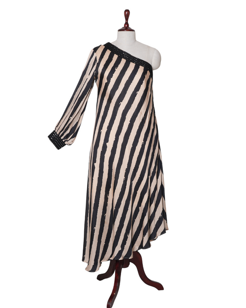 Punit Balana Beige & Black One Shoulder Dress