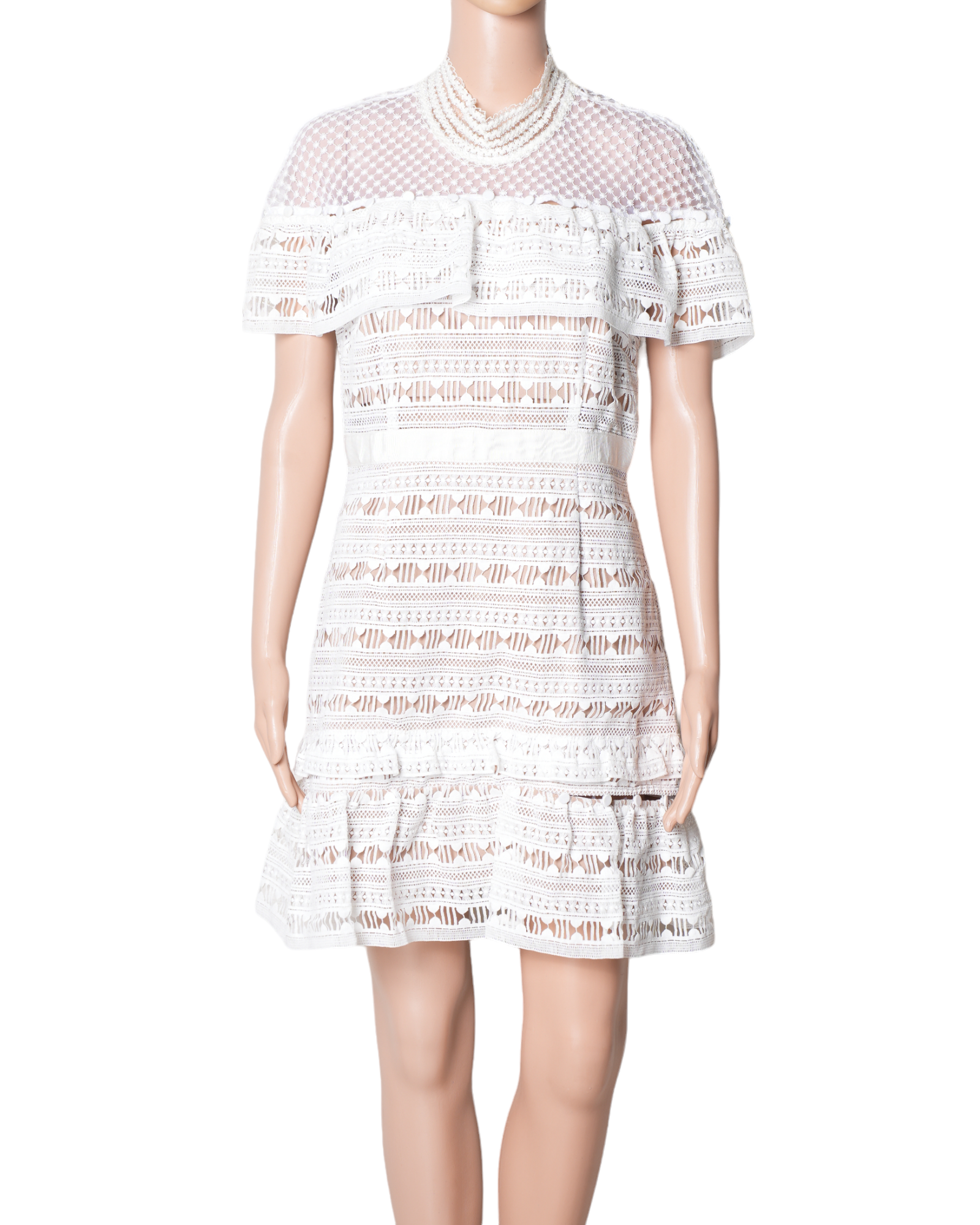 Self Portrait White Lace Cut-Out Mock Neck Tiered Ruffle Trim Sheath Dress