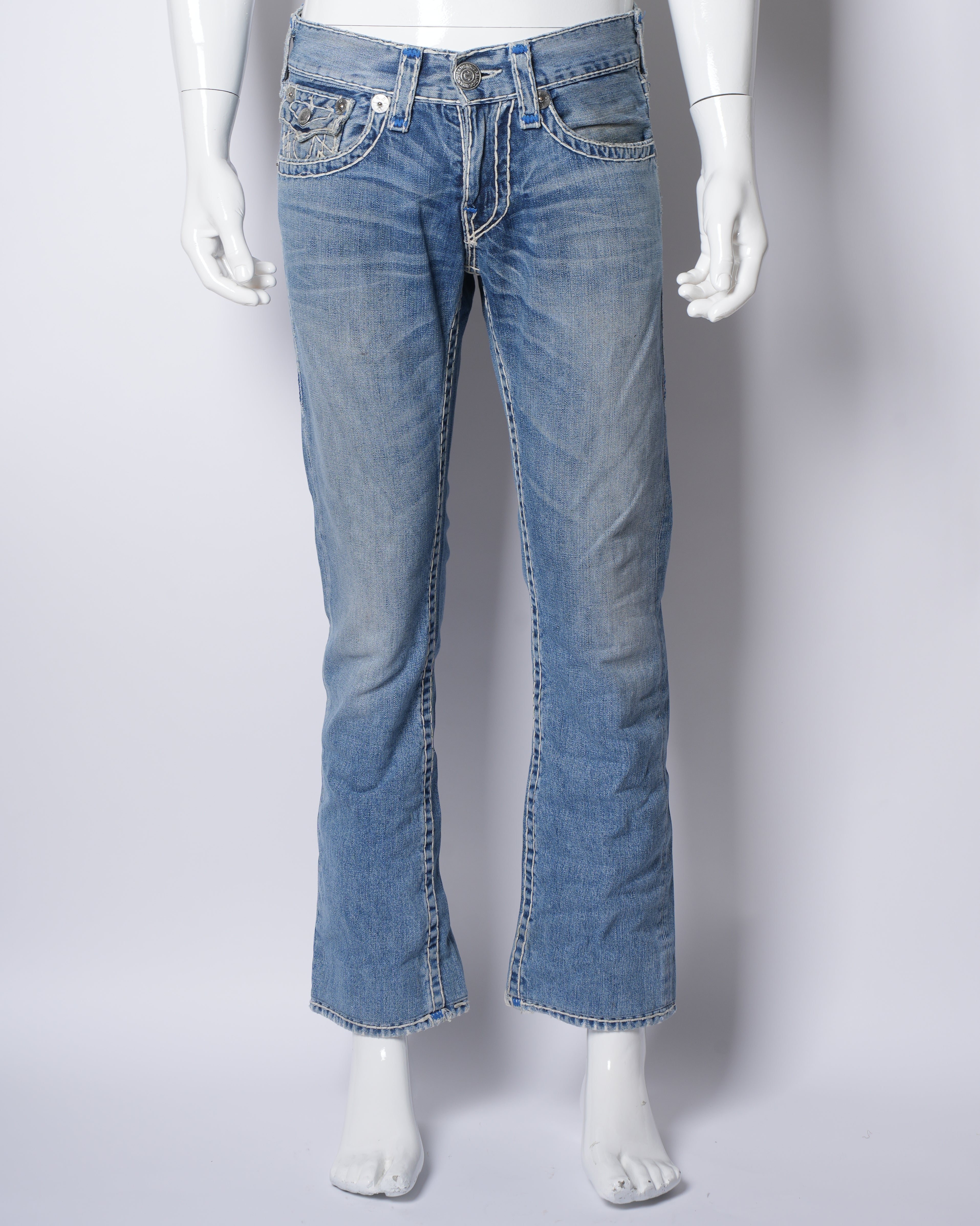 True Religion Acid Wash Wide Leg Denim Pants With White Stitchline