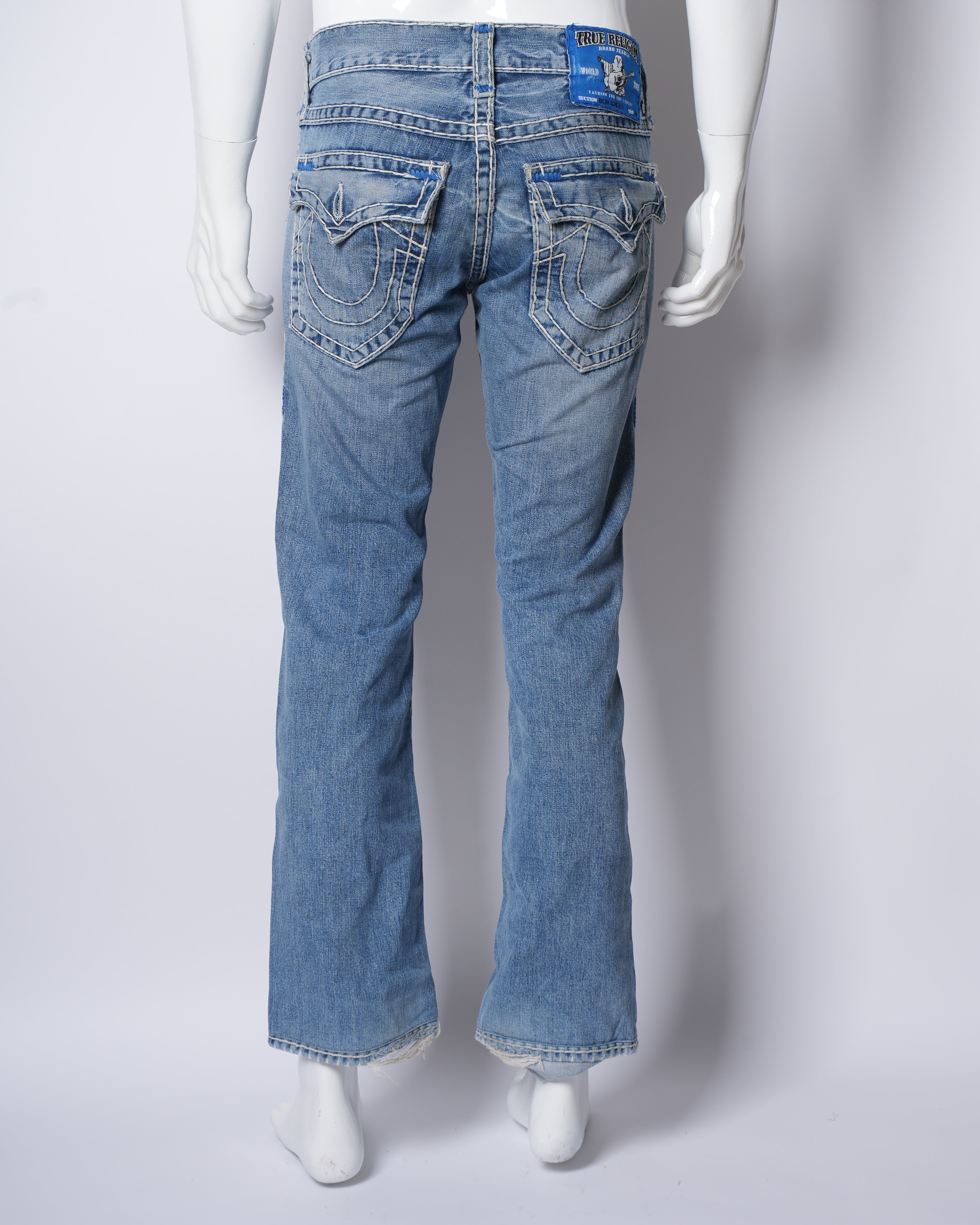 True Religion Acid Wash Wide Leg Denim Pants With White Stitchline