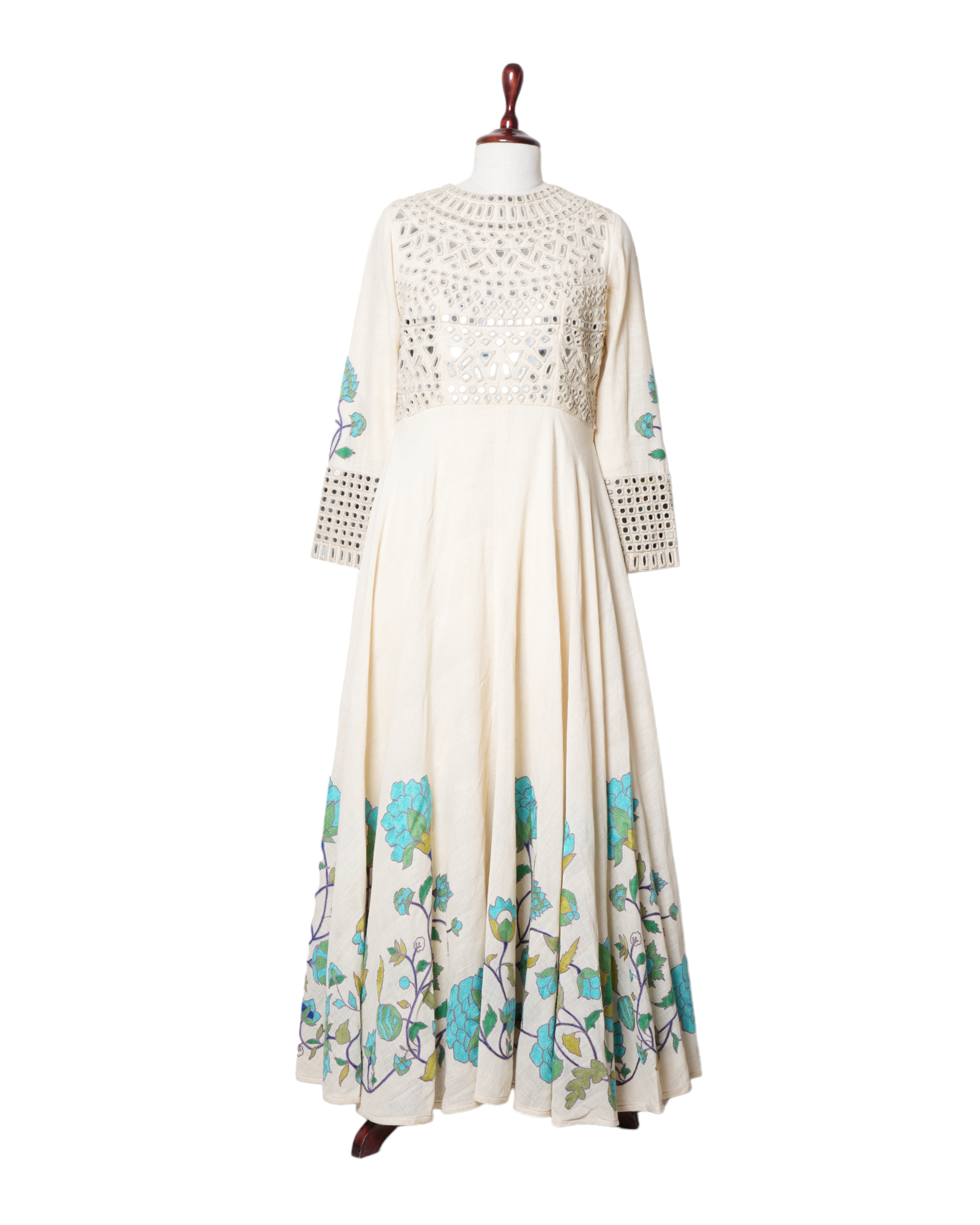 Pure Elegance Off White Mirror & Aari Embroidered Full Length Dress
