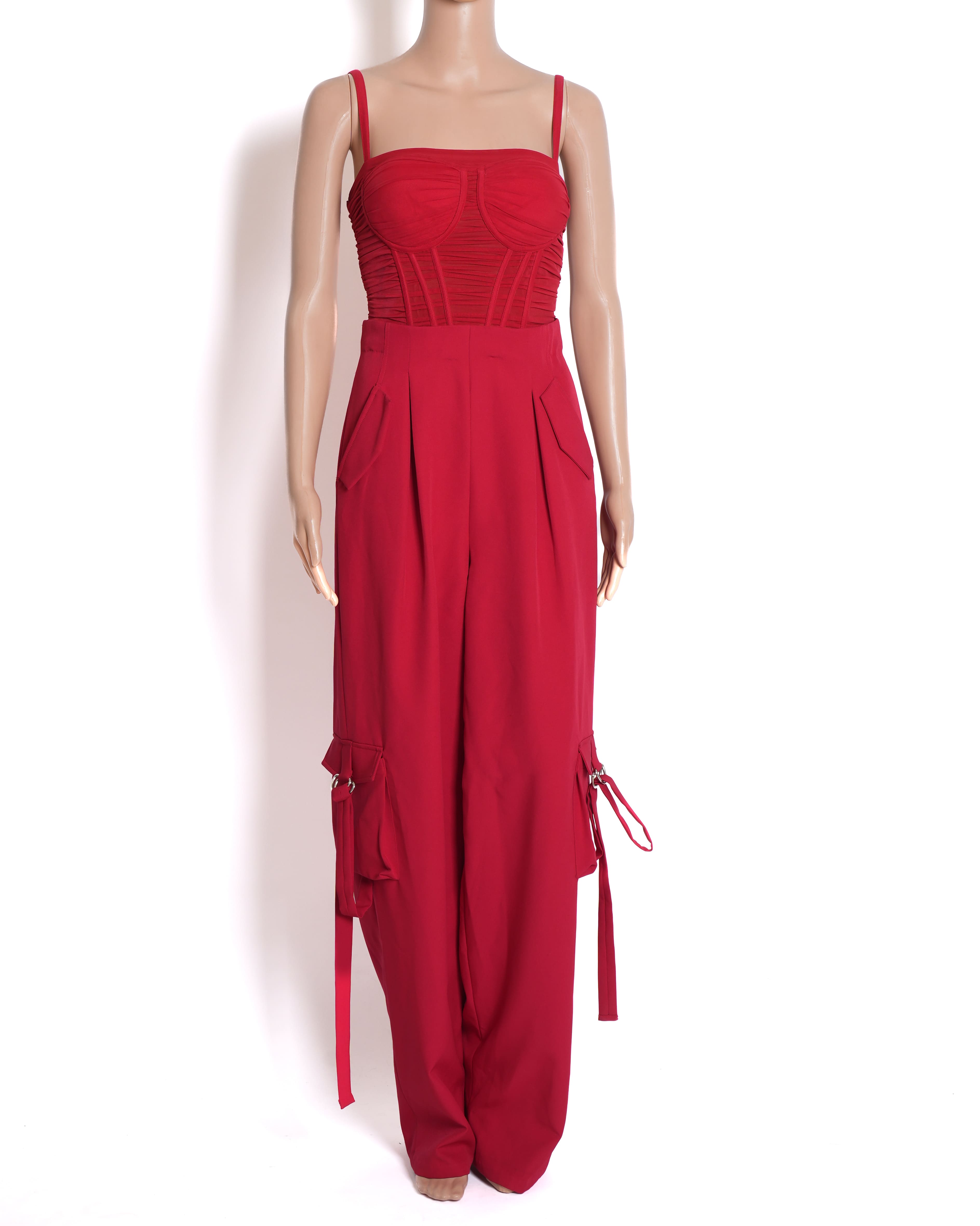 New Esse Crimson Corset Cargo Jumpsuit In Red